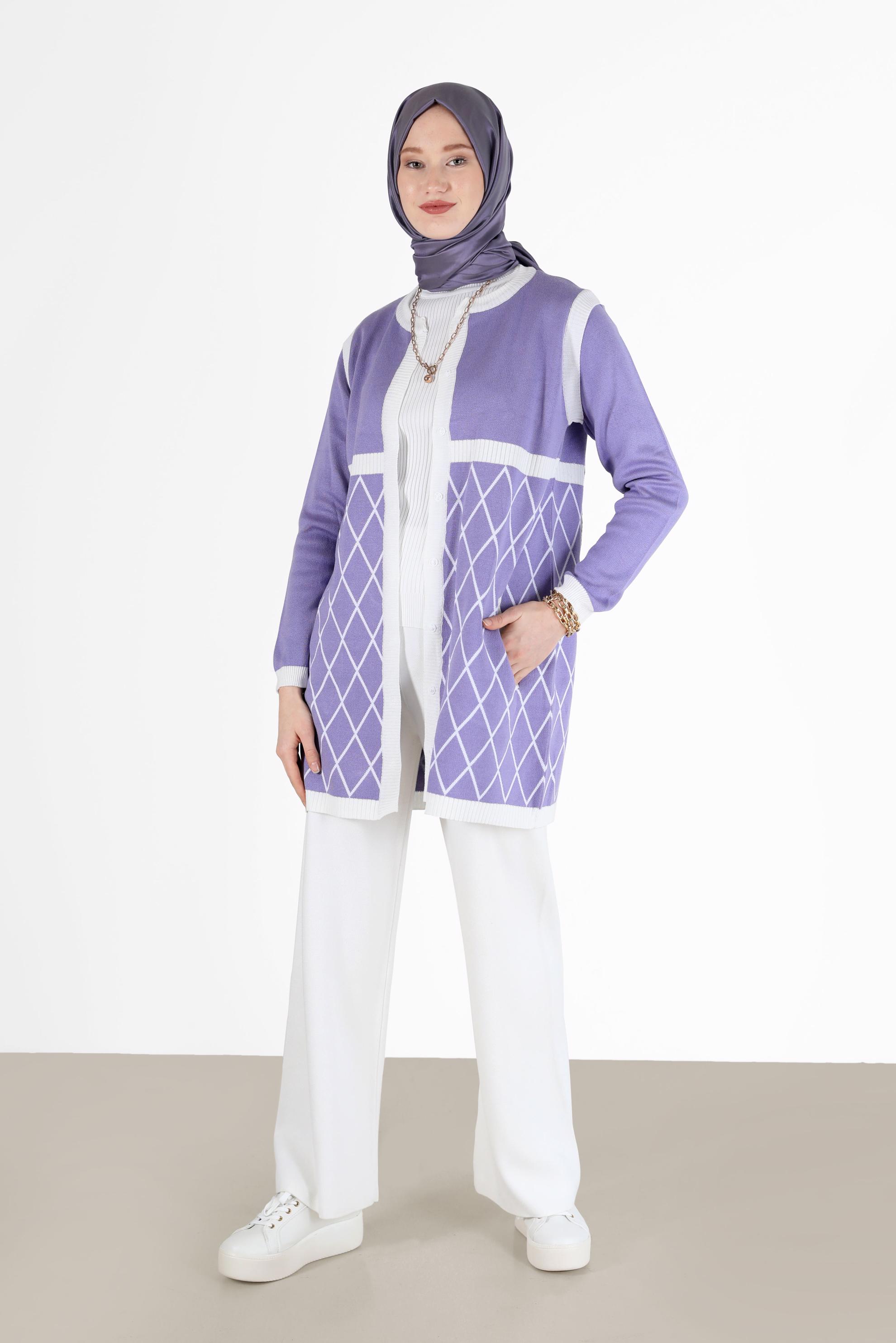 Tesettür giyim MOR GEOMETRİK DESEN DETAYLI TRİKO HIRKA 42067 