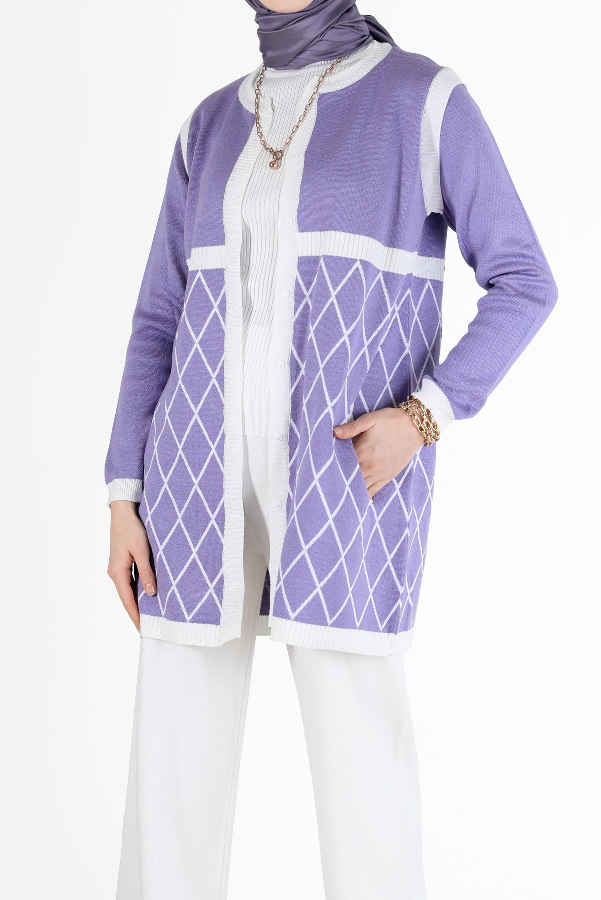 Tesettür giyim MOR GEOMETRİK DESEN DETAYLI TRİKO HIRKA 42067 