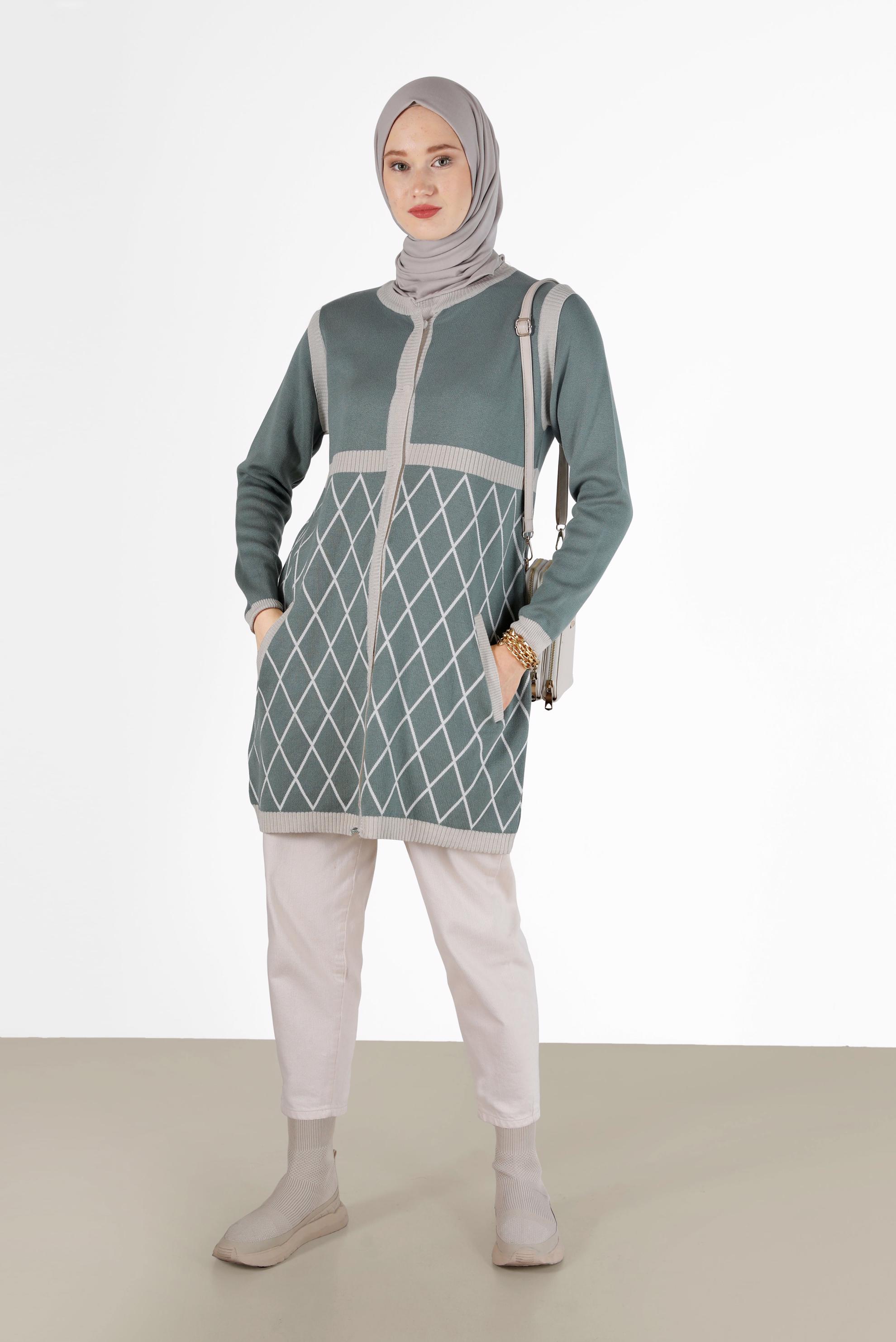 Tesettür giyim YEŞİL GEOMETRİK DESEN DETAYLI TRİKO HIRKA 42067 