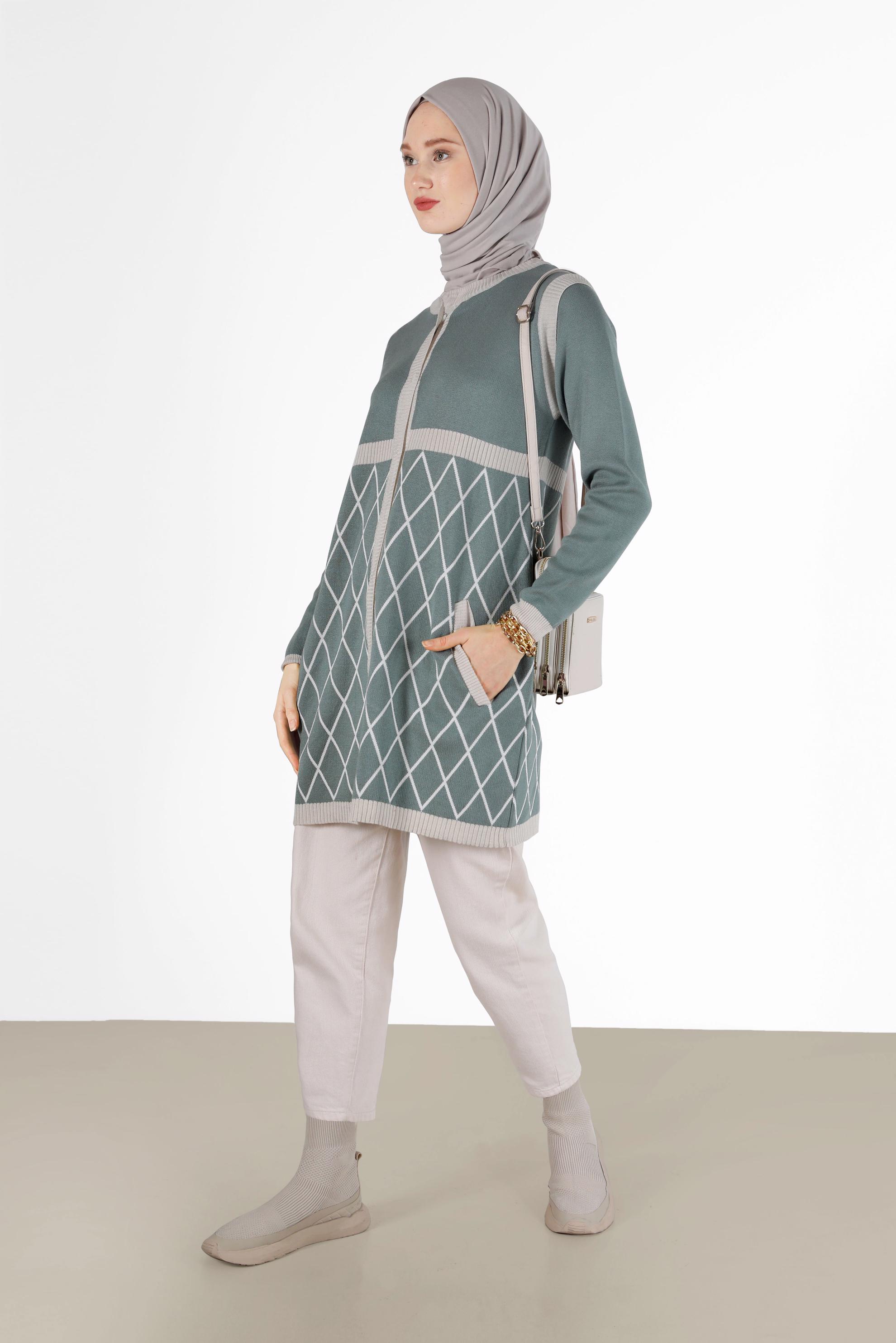 Tesettür giyim YEŞİL GEOMETRİK DESEN DETAYLI TRİKO HIRKA 42067 