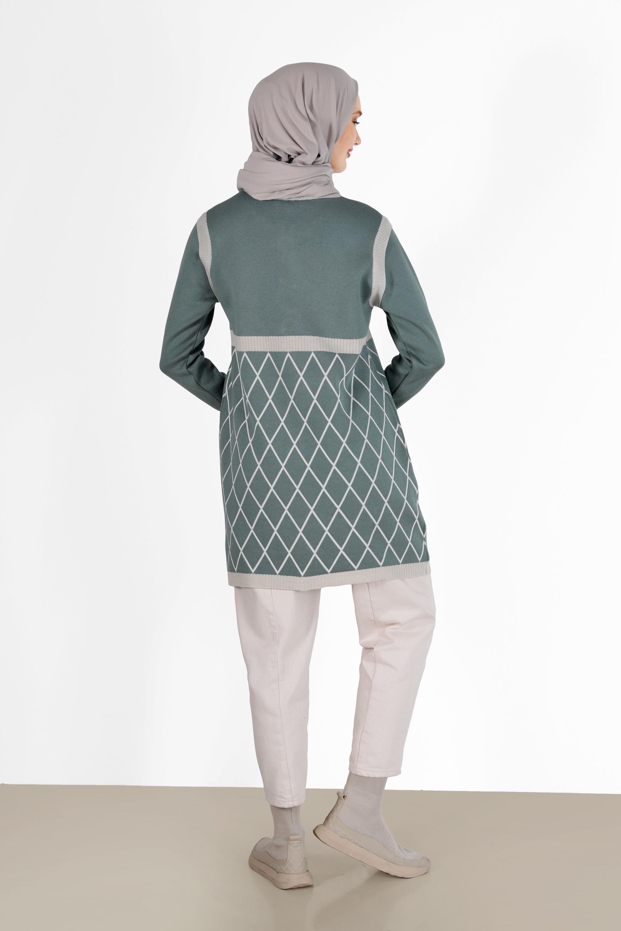 Tesettür giyim YEŞİL GEOMETRİK DESEN DETAYLI TRİKO HIRKA 42067 