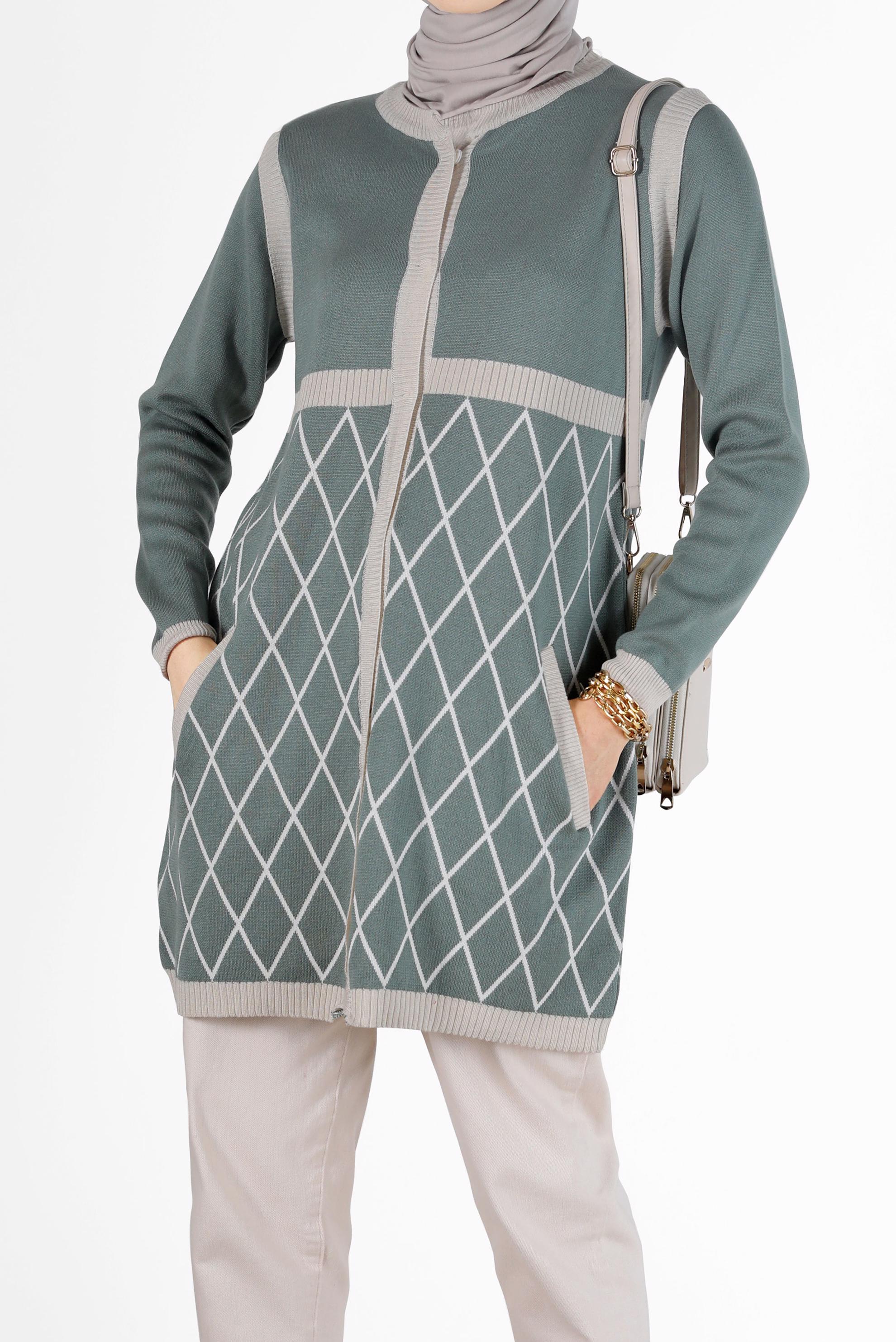 Tesettür giyim YEŞİL GEOMETRİK DESEN DETAYLI TRİKO HIRKA 42067 