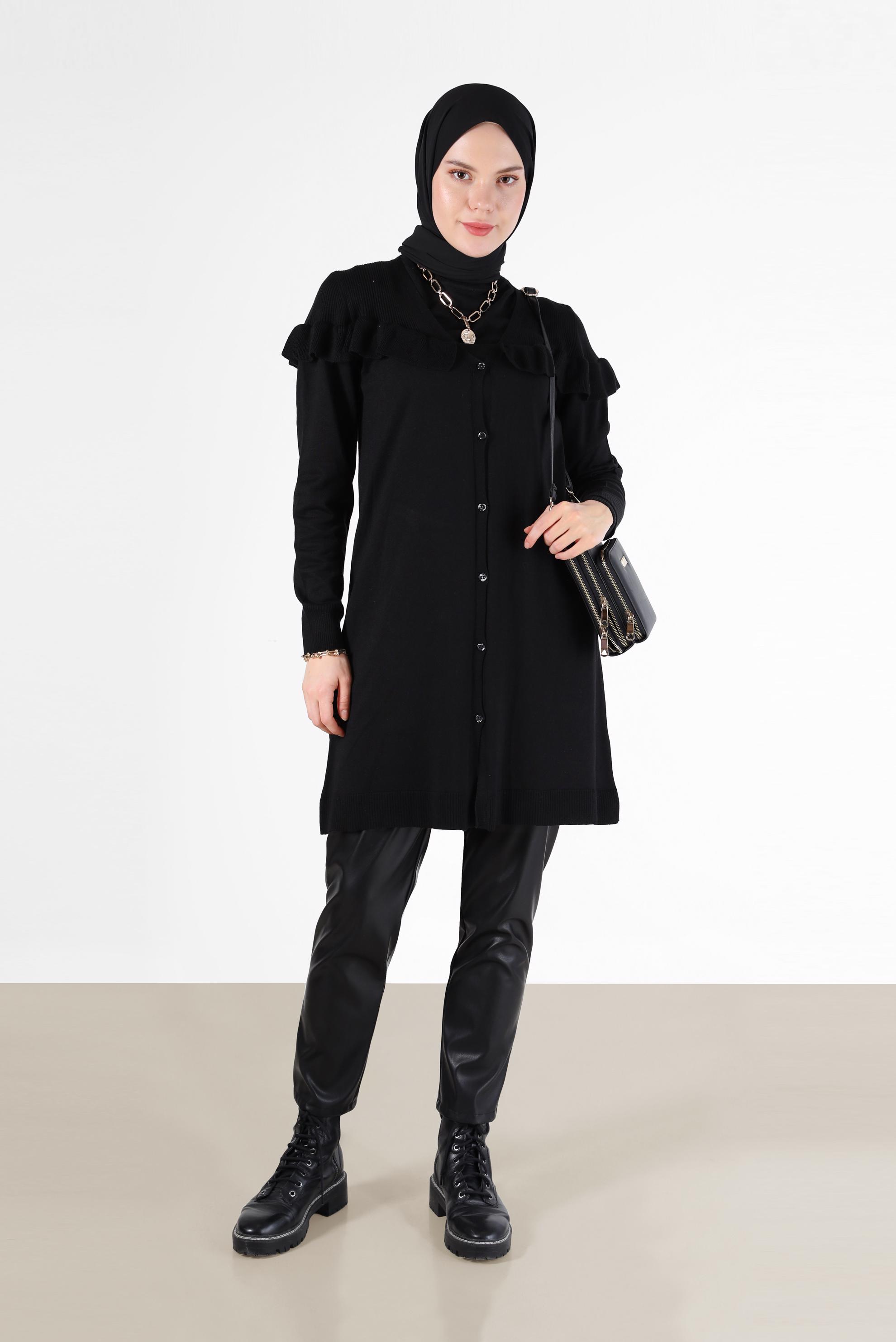 Tesettür giyim SİYAH FIRFIR DETAYLI V YAKA DÜĞMELİ TRİKO HIRKA 42080 