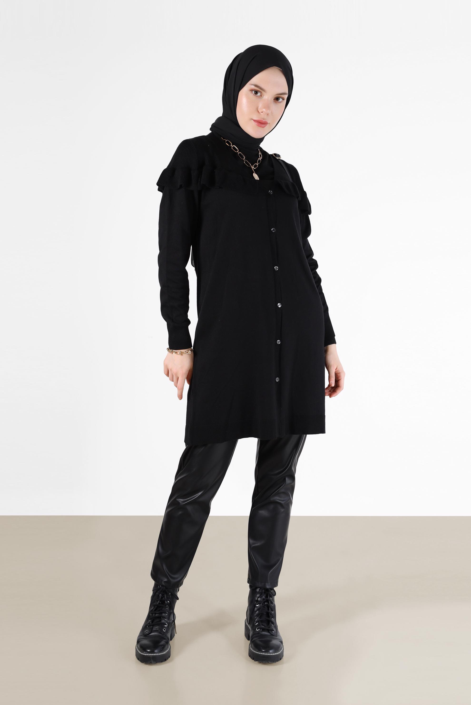 Tesettür giyim SİYAH FIRFIR DETAYLI V YAKA DÜĞMELİ TRİKO HIRKA 42080 