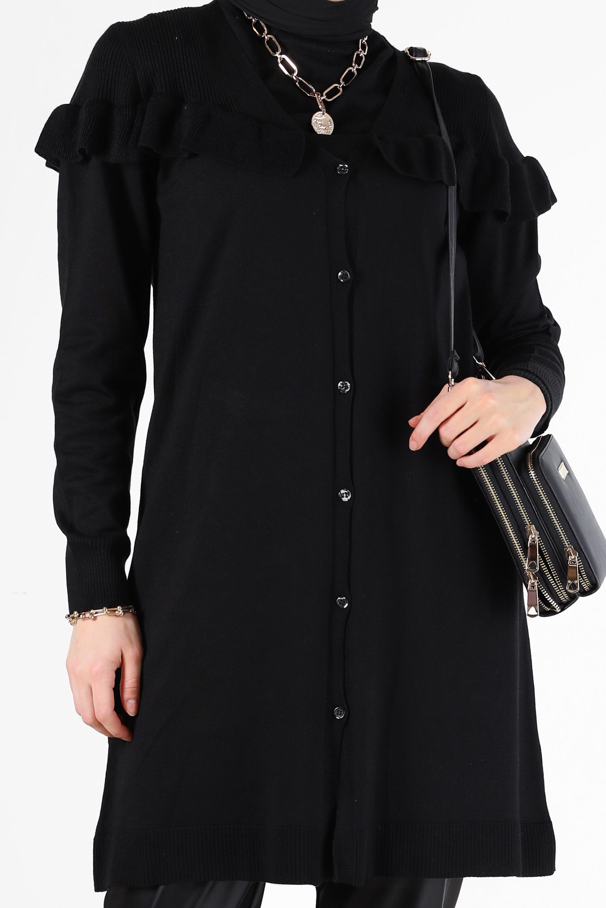 Tesettür giyim SİYAH FIRFIR DETAYLI V YAKA DÜĞMELİ TRİKO HIRKA 42080 