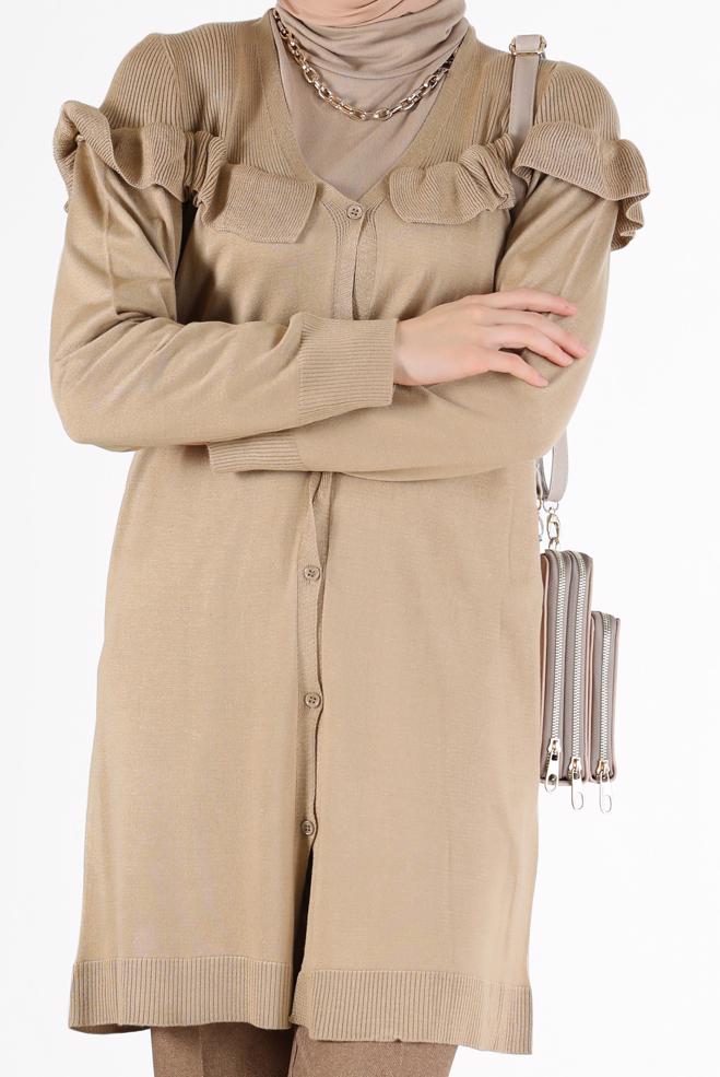 Vêtements hijab BRUN TUNIQUE EN MAILLE BOUTONNEE COL EN V AVEC VOLANTS 42080 - ALVİNA