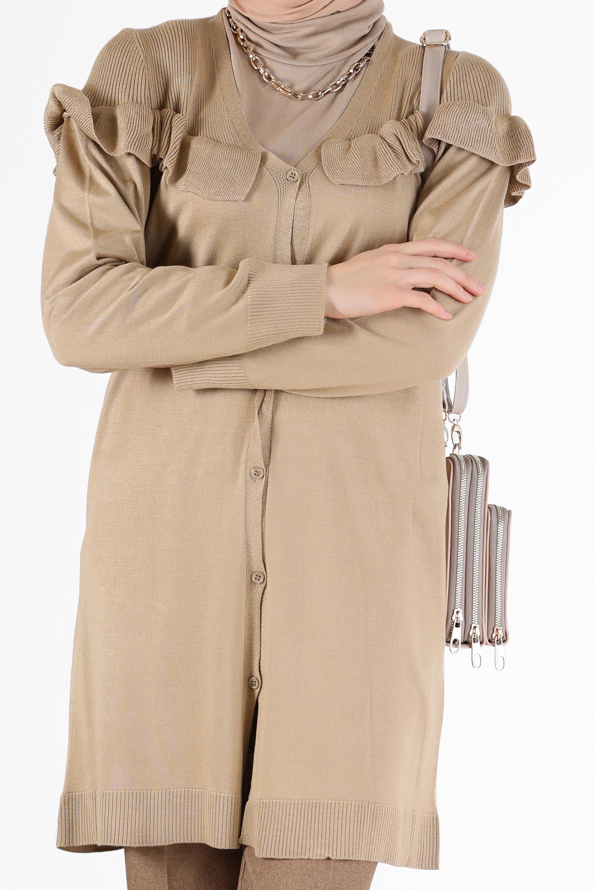 Vêtements hijab BRUN TUNIQUE EN MAILLE BOUTONNEE COL EN V AVEC VOLANTS 42080