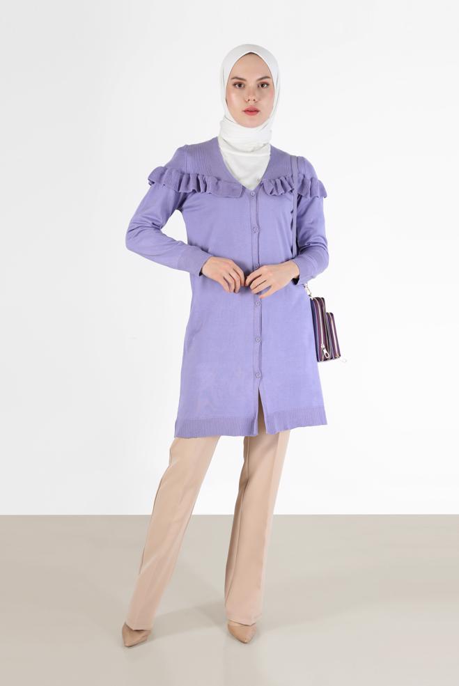 Vêtements hijab POURPRE TUNIQUE EN MAILLE BOUTONNEE COL EN V AVEC VOLANTS 42080 - ALVİNA