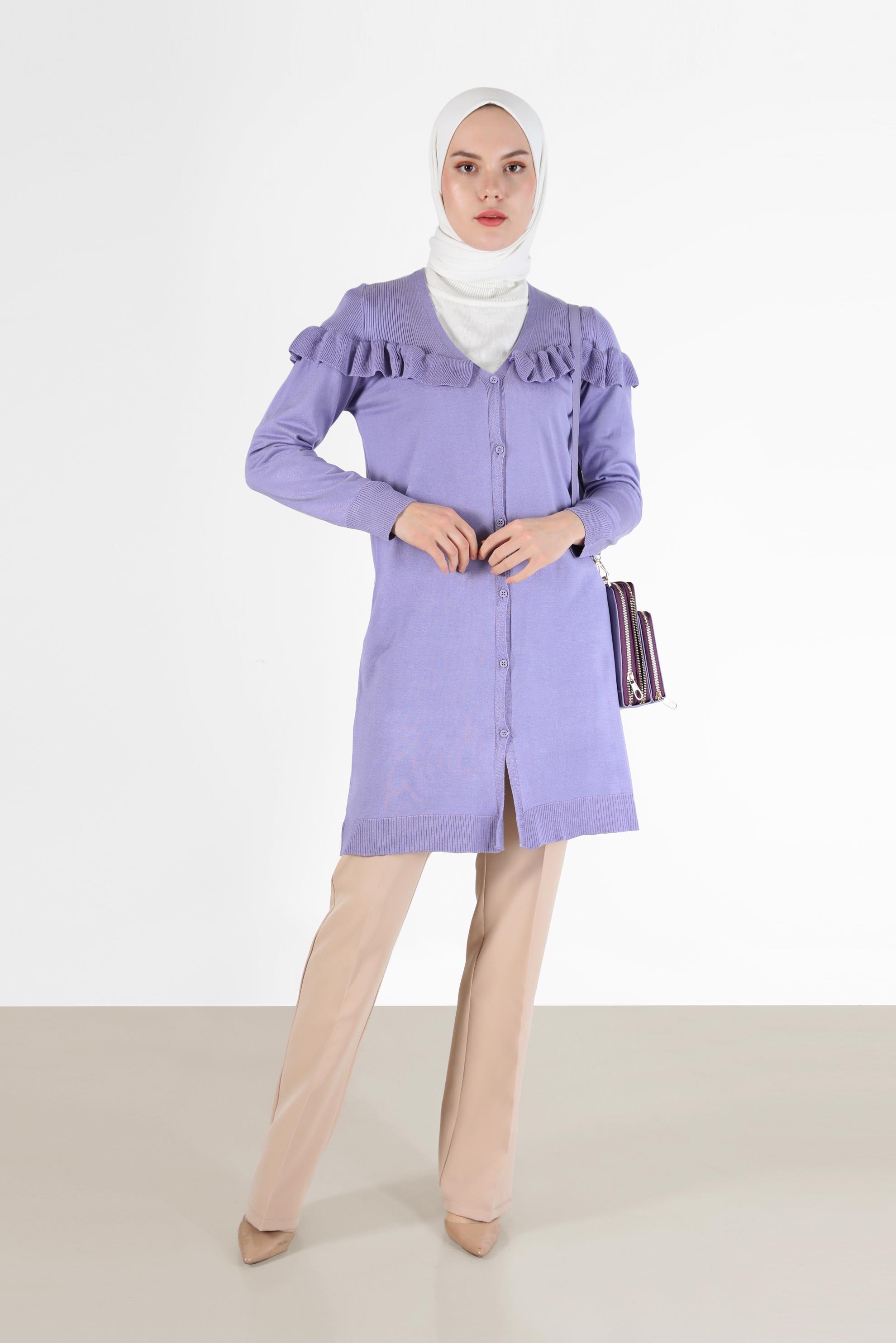 Vêtements hijab POURPRE TUNIQUE EN MAILLE BOUTONNEE COL EN V AVEC VOLANTS 42080