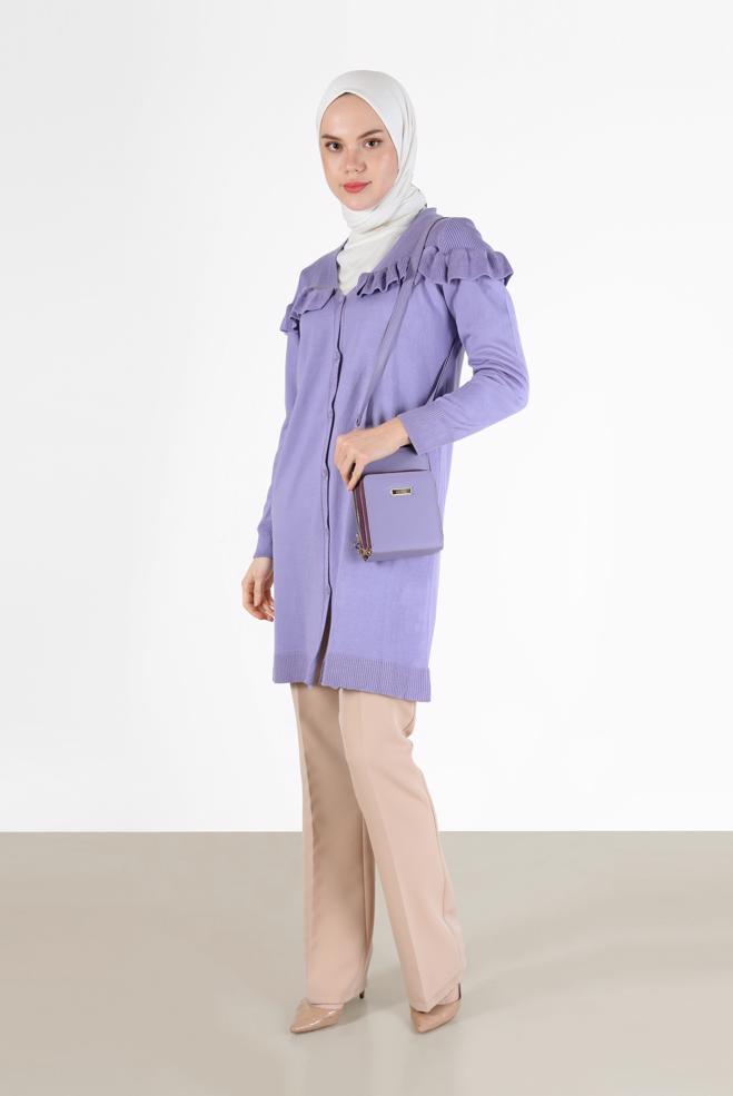 Vêtements hijab POURPRE TUNIQUE EN MAILLE BOUTONNEE COL EN V AVEC VOLANTS 42080 - ALVİNA