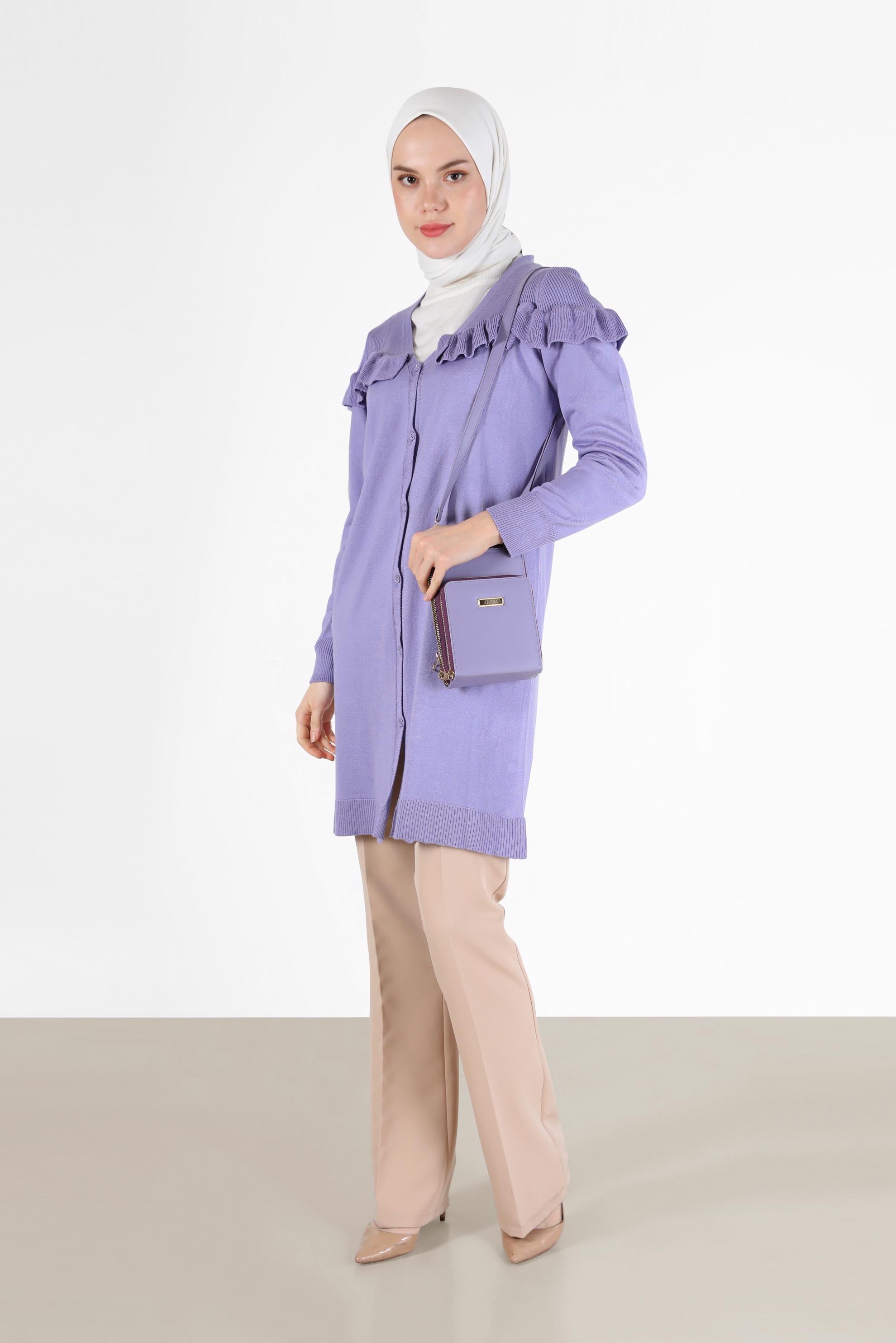 Vêtements hijab POURPRE TUNIQUE EN MAILLE BOUTONNEE COL EN V AVEC VOLANTS 42080