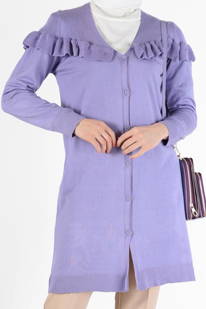 Vêtements hijab POURPRE TUNIQUE EN MAILLE BOUTONNEE COL EN V AVEC VOLANTS 42080 - ALVİNA