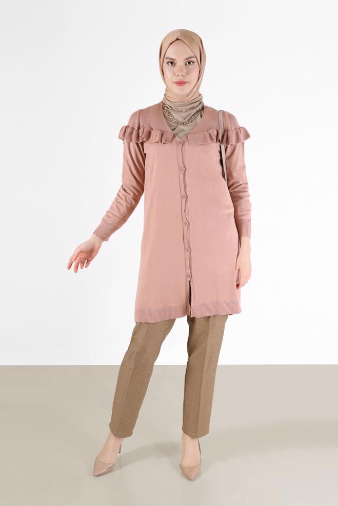 Vêtements hijab POUDRE TUNIQUE EN MAILLE BOUTONNEE COL EN V AVEC VOLANTS 42080 - ALVİNA