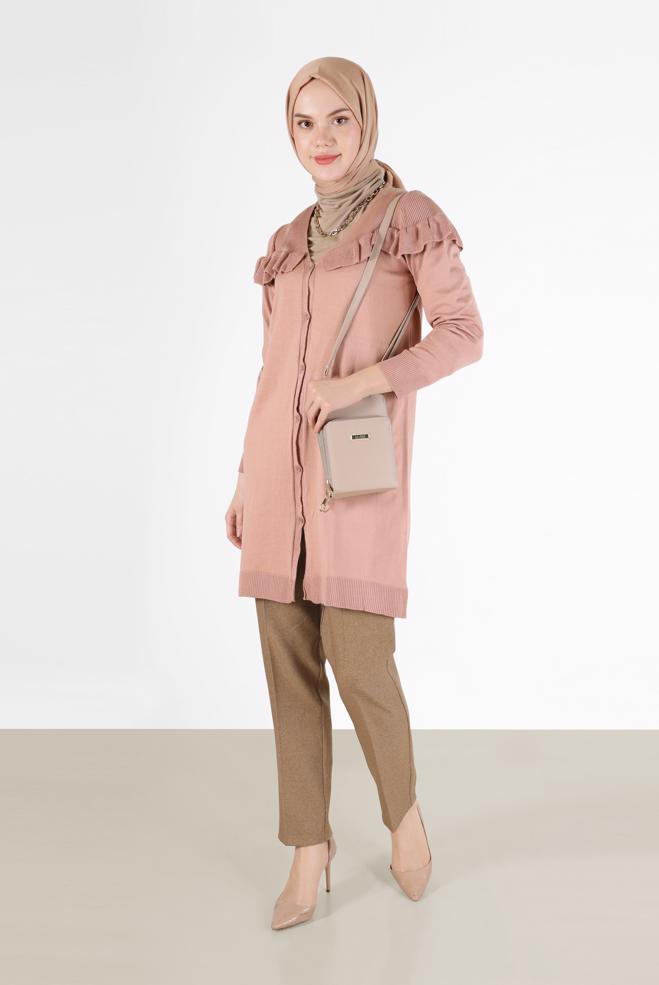 Vêtements hijab POUDRE TUNIQUE EN MAILLE BOUTONNEE COL EN V AVEC VOLANTS 42080 - ALVİNA