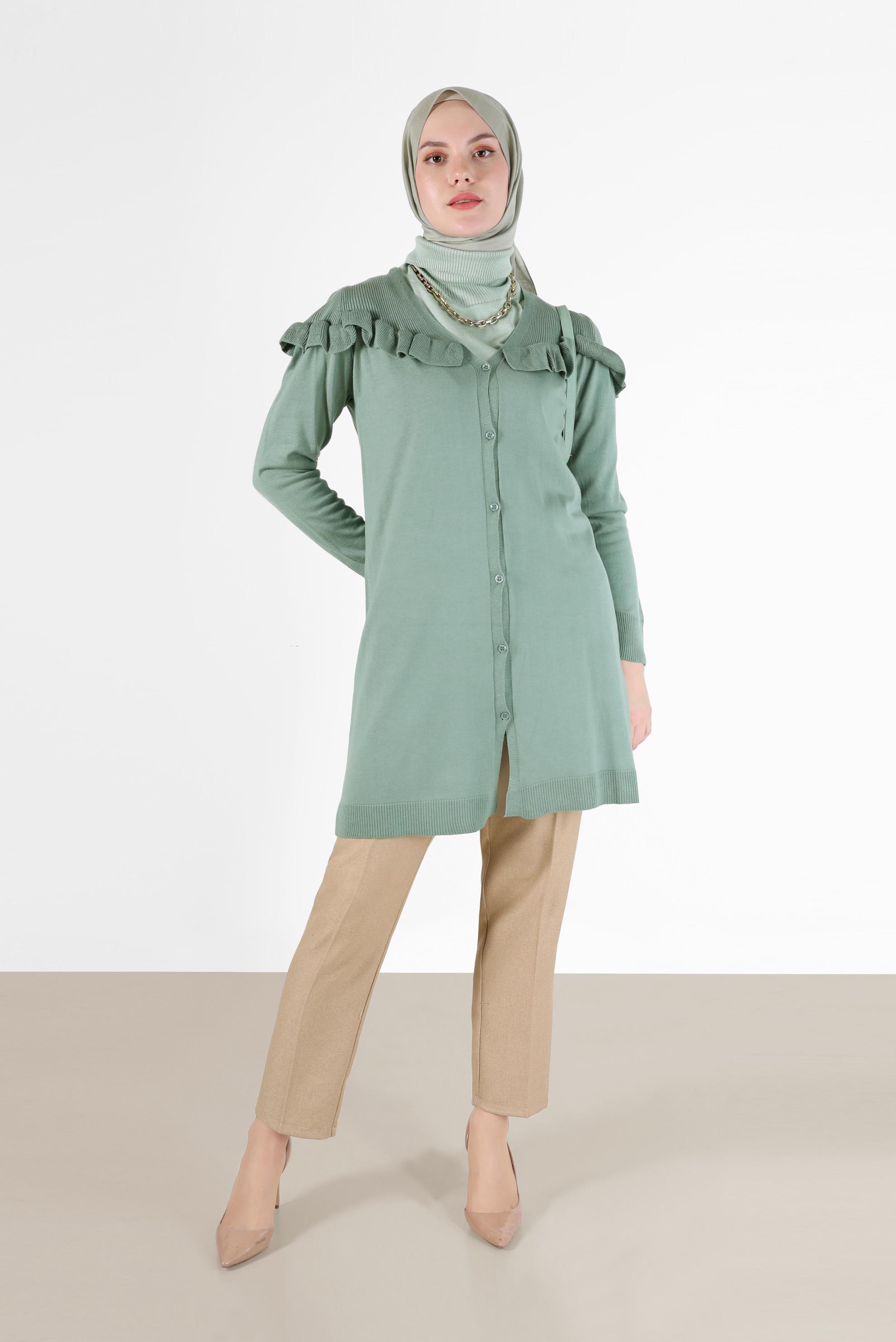 Tesettür giyim YEŞİL FIRFIR DETAYLI V YAKA DÜĞMELİ TRİKO HIRKA 42080 