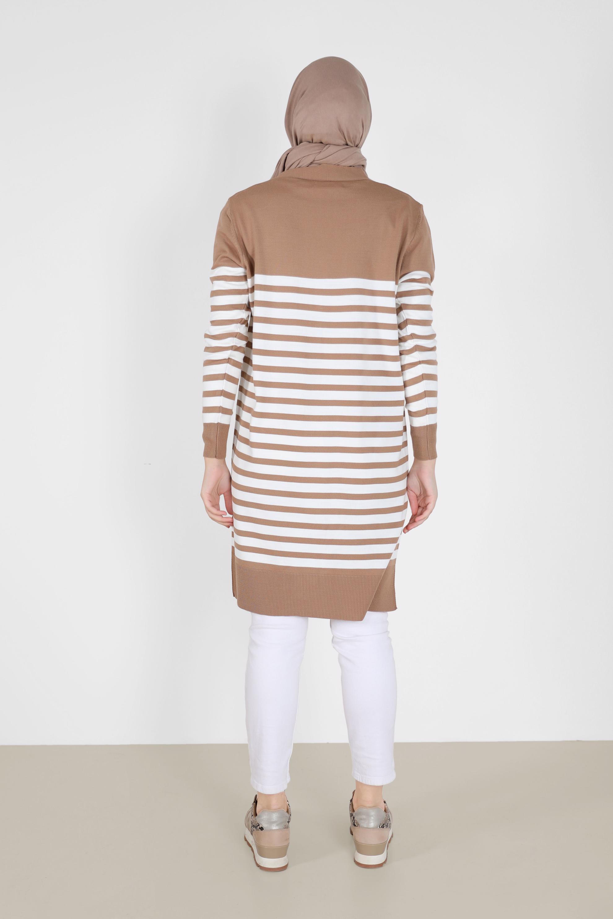 Tesettür giyim KAHVE CEP DETAYLI ÇİZGİLİ TRİKO HIRKA 42110 