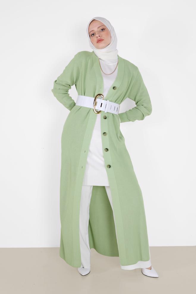 Vêtements hijab VERT CARDIGAN EN MAILLE DÉTAILLÉE FENDUE À BOUTONS 42113 - ALVİNA