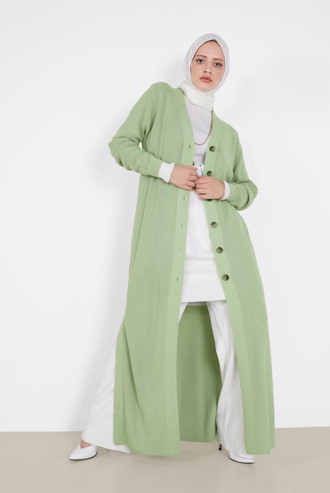 Vêtements hijab VERT CARDIGAN EN MAILLE DÉTAILLÉE FENDUE À BOUTONS 42113 - ALVİNA