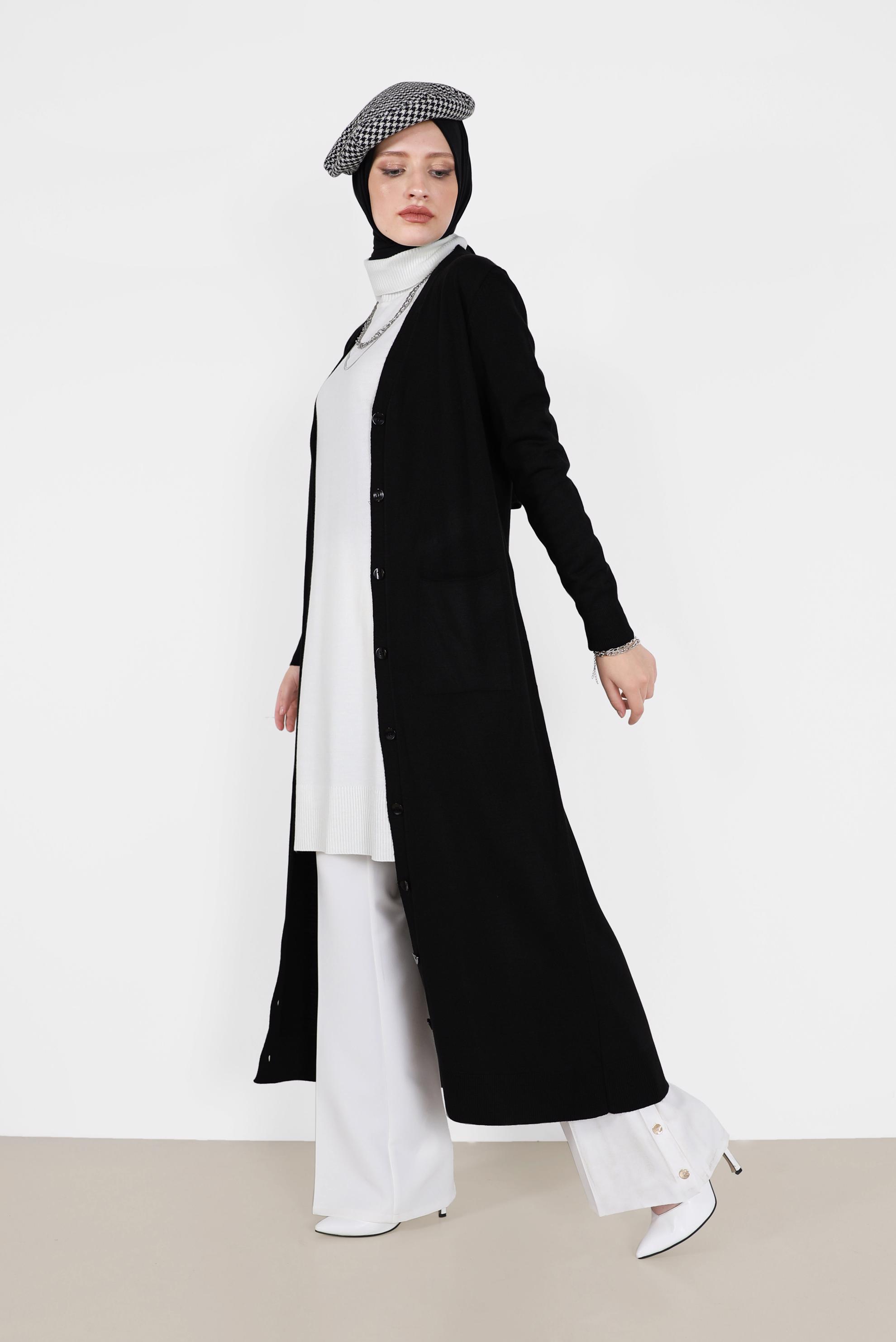 Tesettür giyim SİYAH CEPLİ UZUN TRİKO HIRKA 42114 