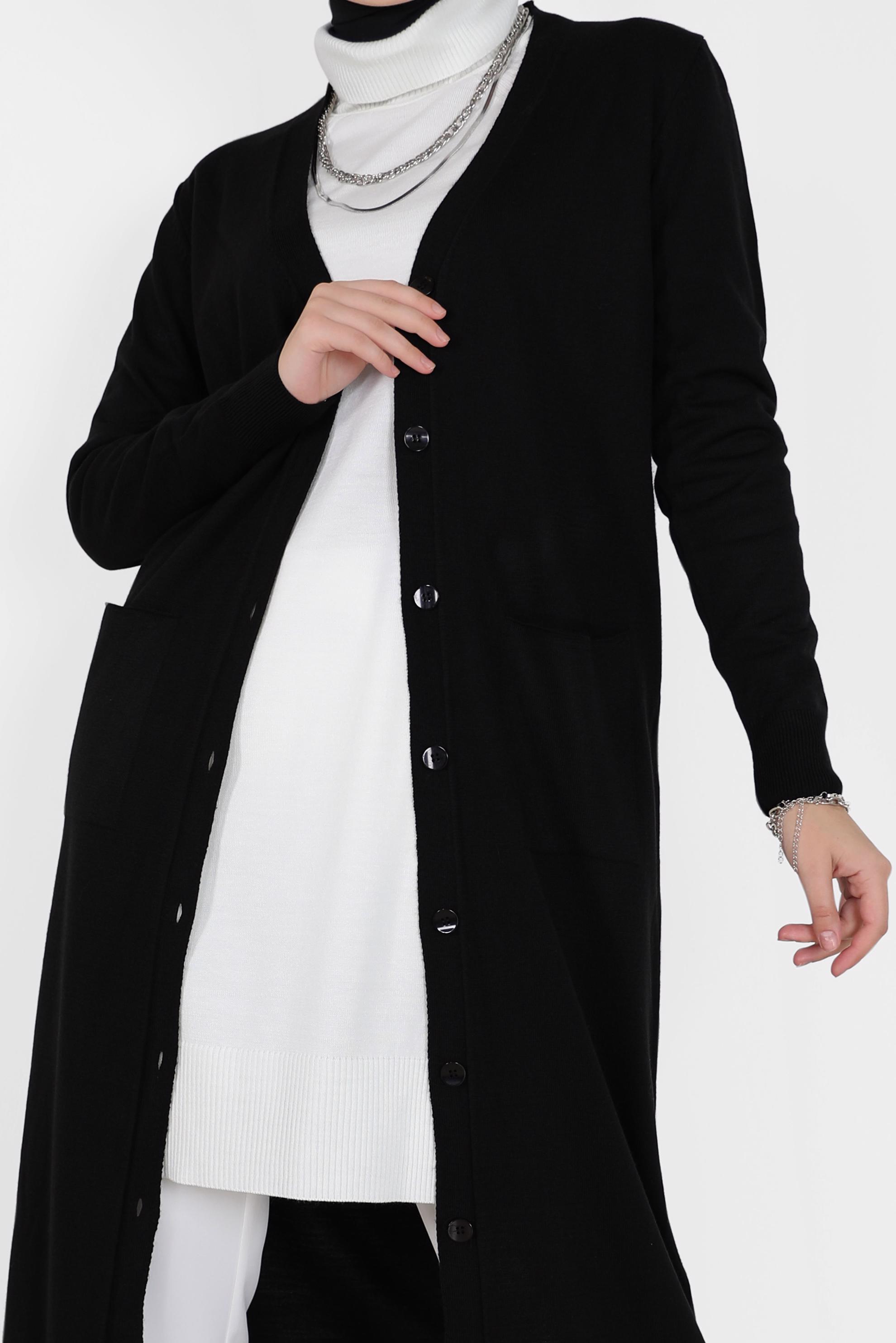 Tesettür giyim SİYAH CEPLİ UZUN TRİKO HIRKA 42114 