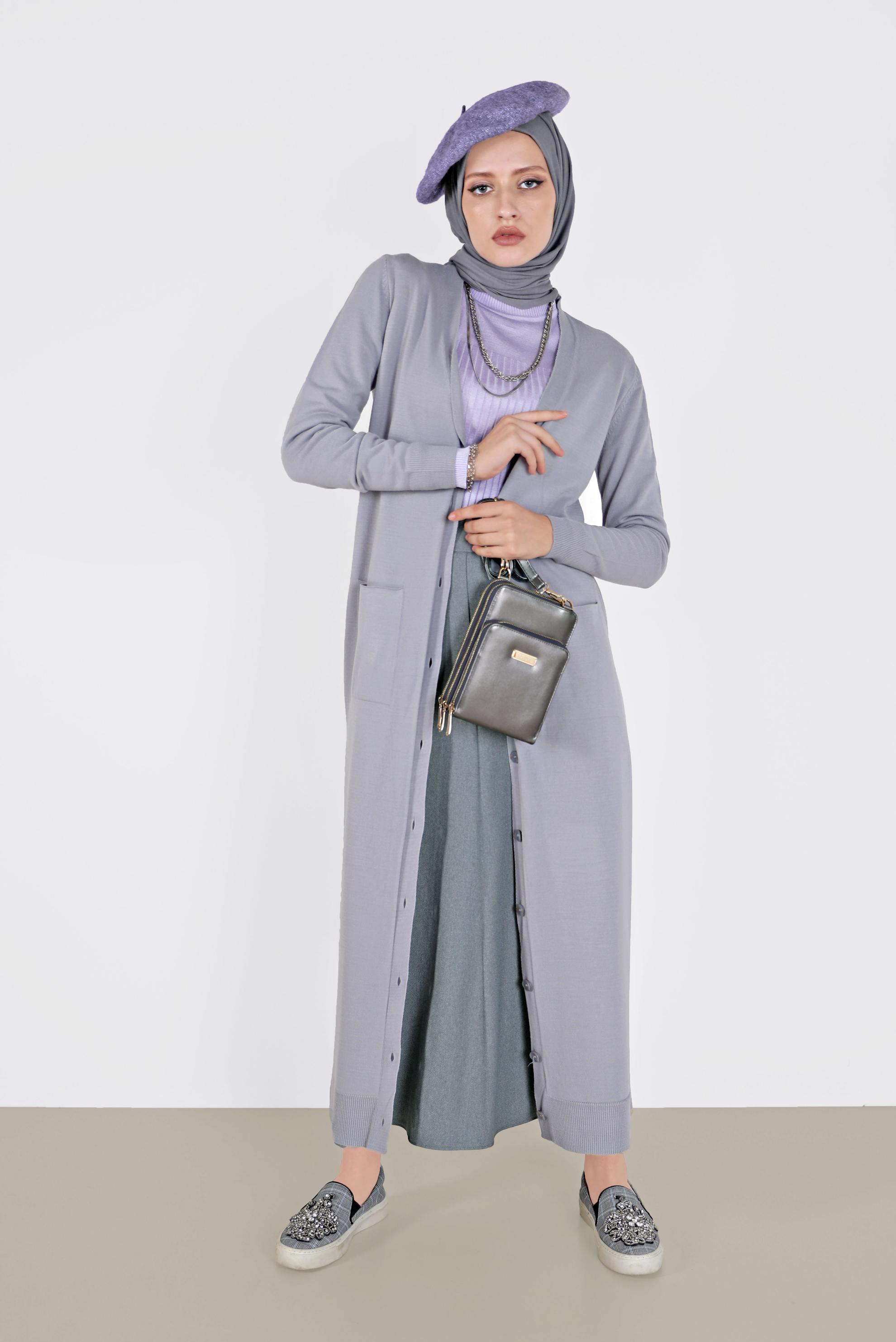 Hijab clothing GREY LONG KNITWEAR CARDIGAN WITH POCKET 42114 