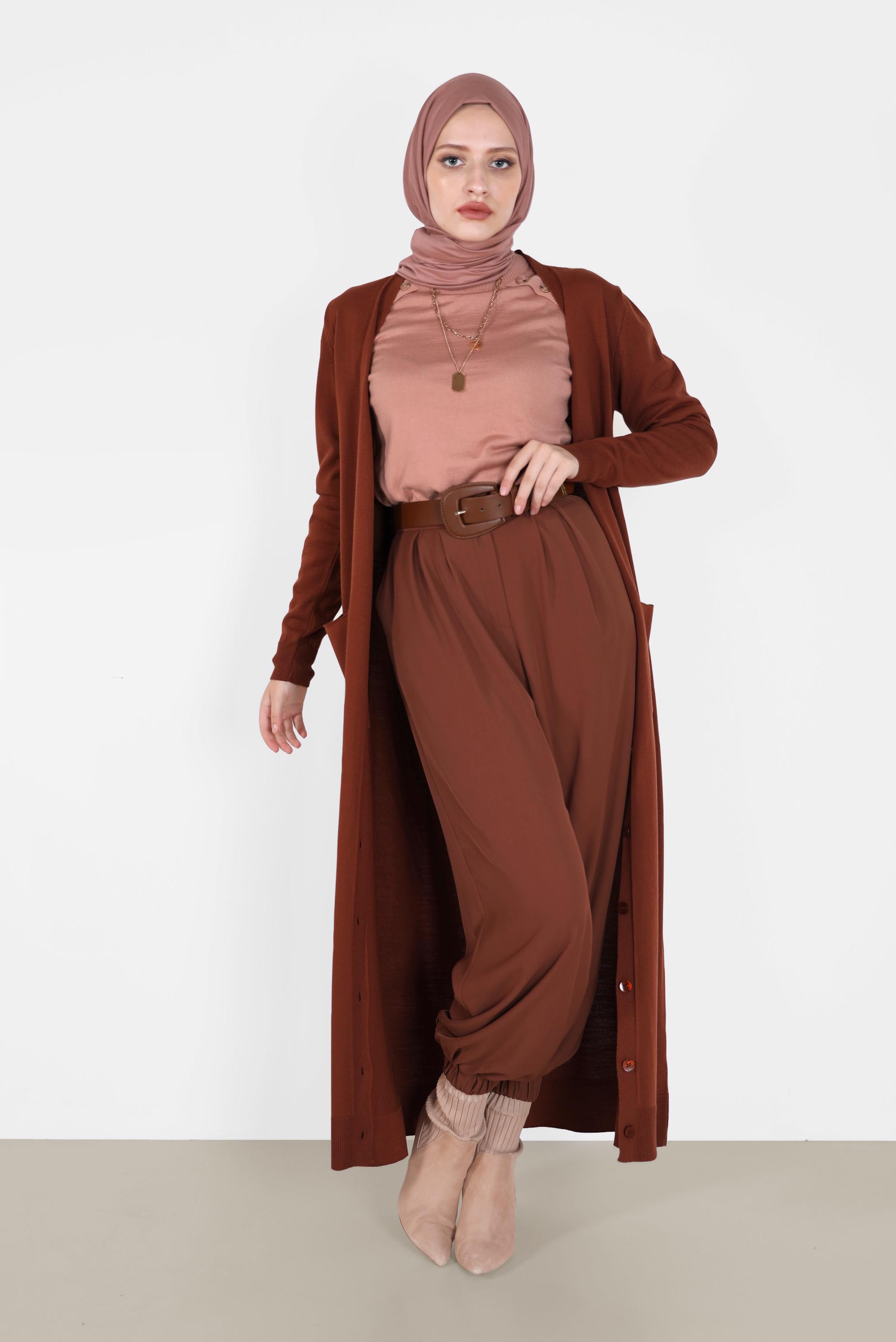 Tesettür giyim KAHVE CEPLİ UZUN TRİKO HIRKA 42114 