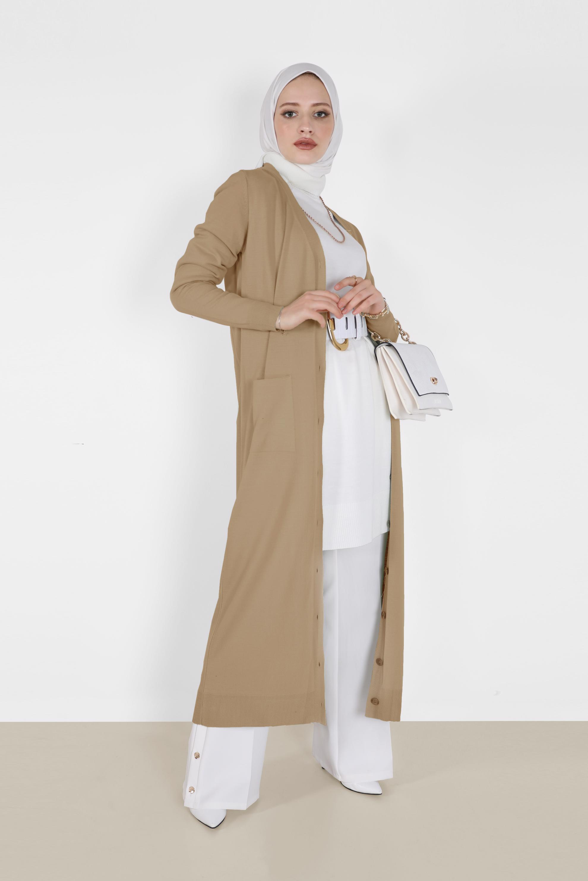 Tesettür giyim KAHVE CEPLİ UZUN TRİKO HIRKA 42114 