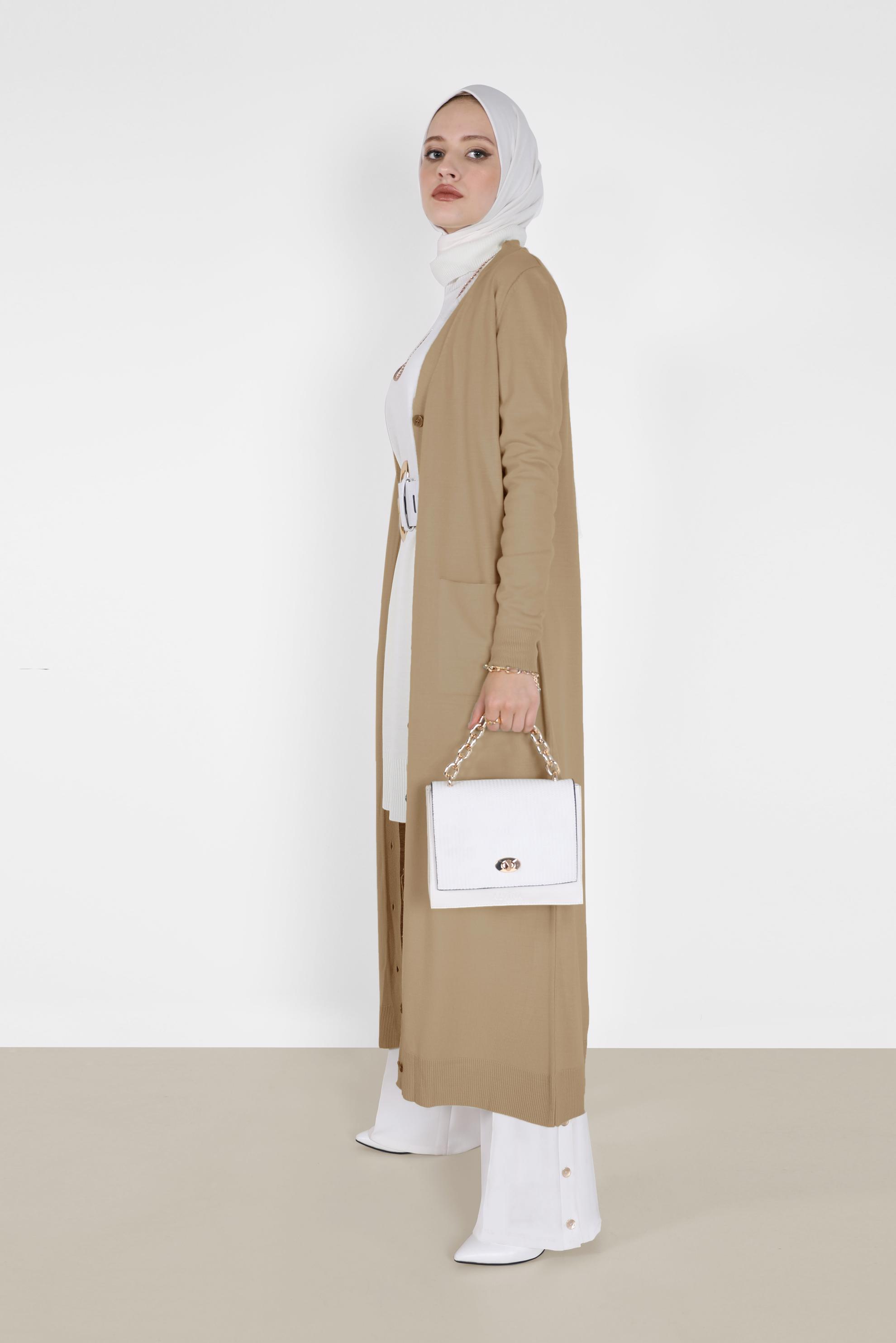 Tesettür giyim KAHVE CEPLİ UZUN TRİKO HIRKA 42114 