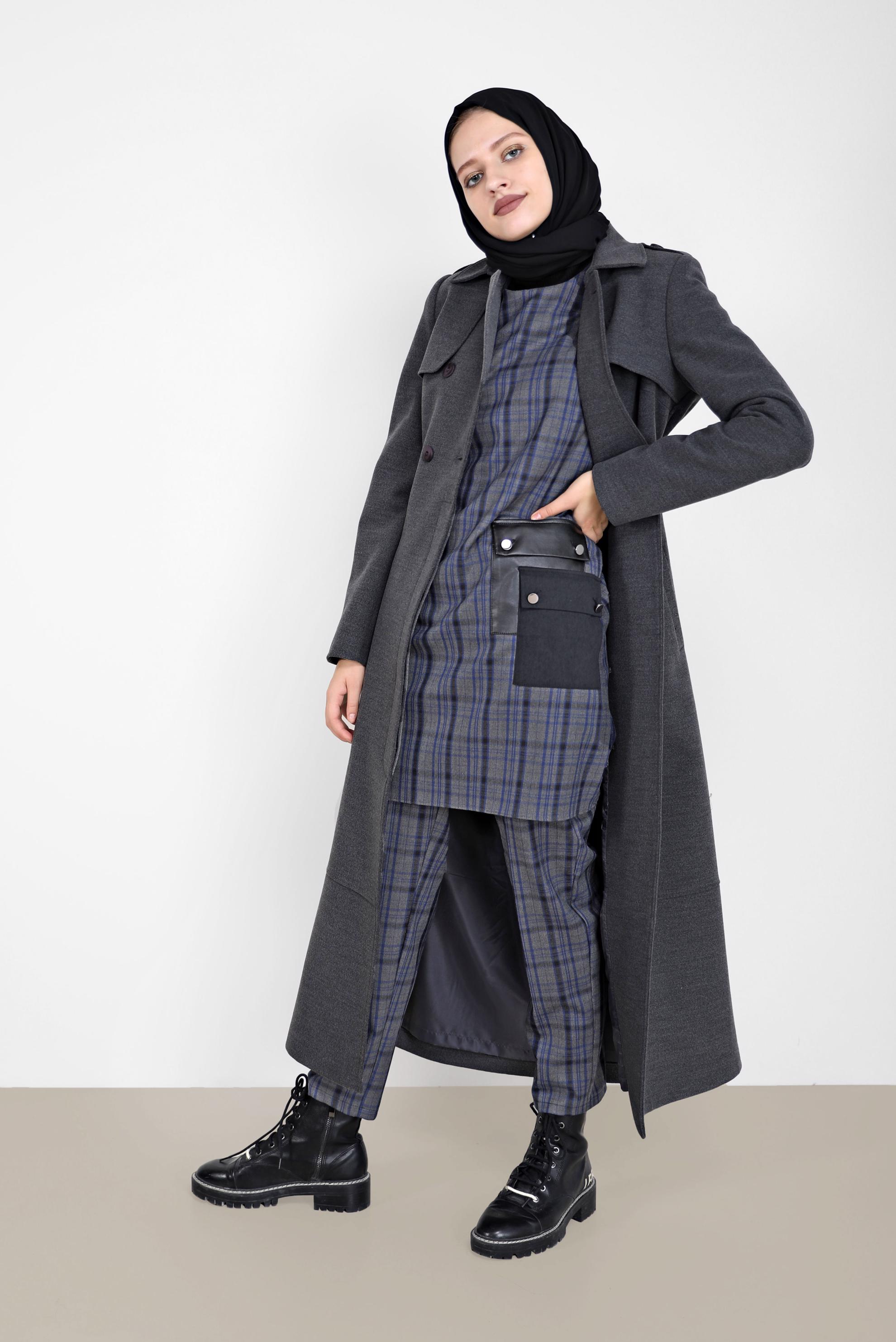 Tesettür giyim GRİ CEP DETAYLI EKOSE JİLE 42186 