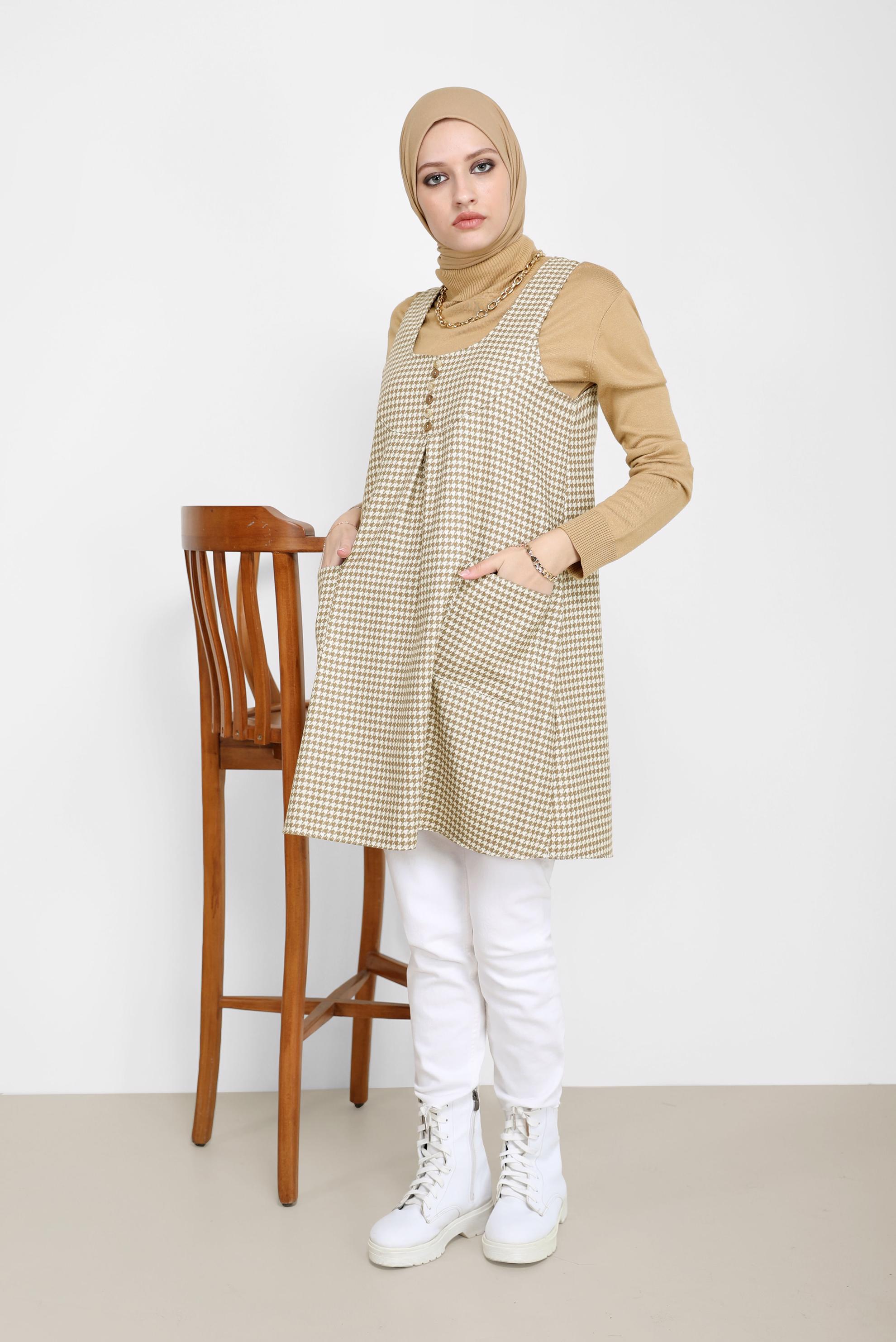 Tesettür giyim KAHVE KAZAYAĞI DESEN CEP DETAYLI JİLE 42228 