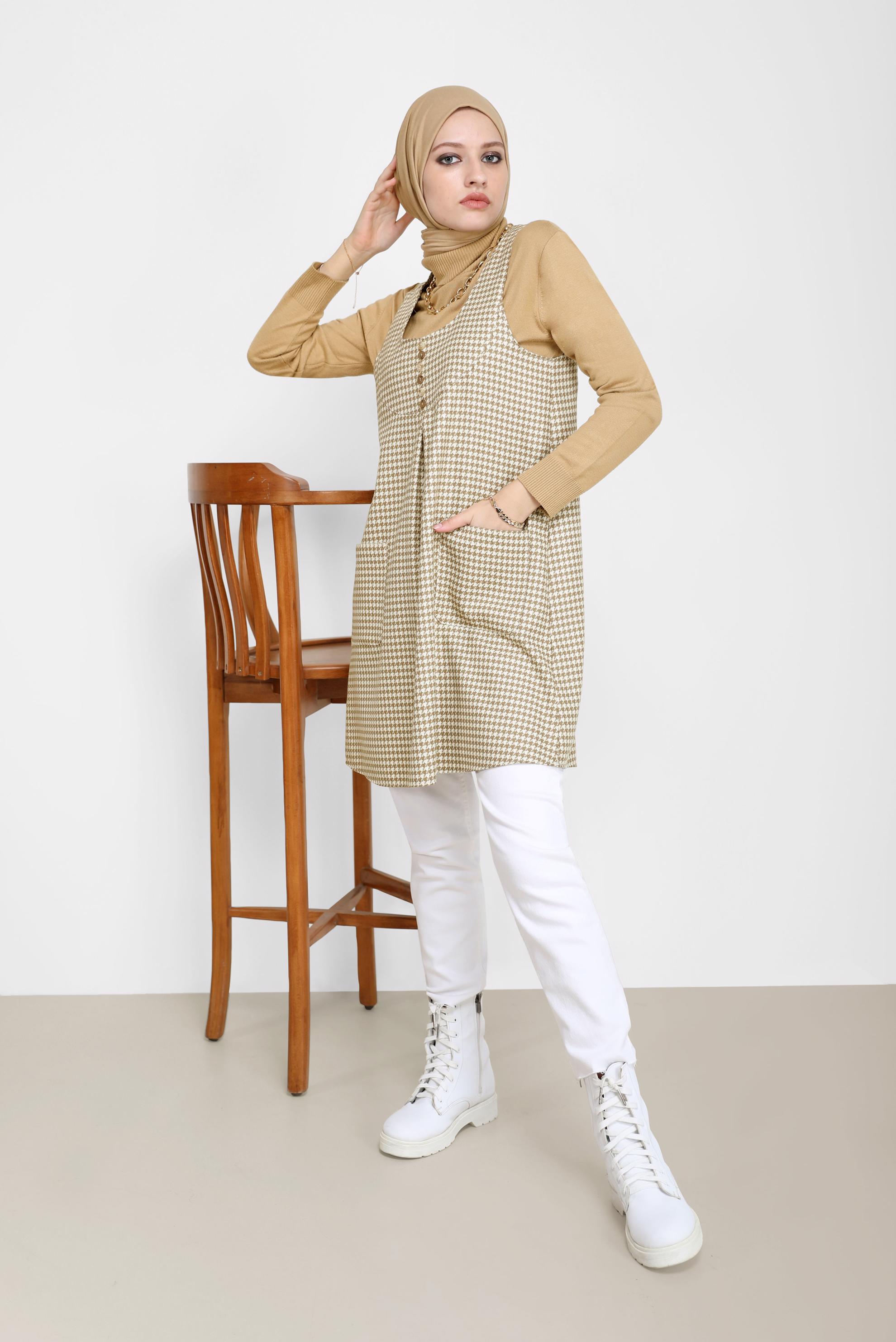 Tesettür giyim KAHVE KAZAYAĞI DESEN CEP DETAYLI JİLE 42228 