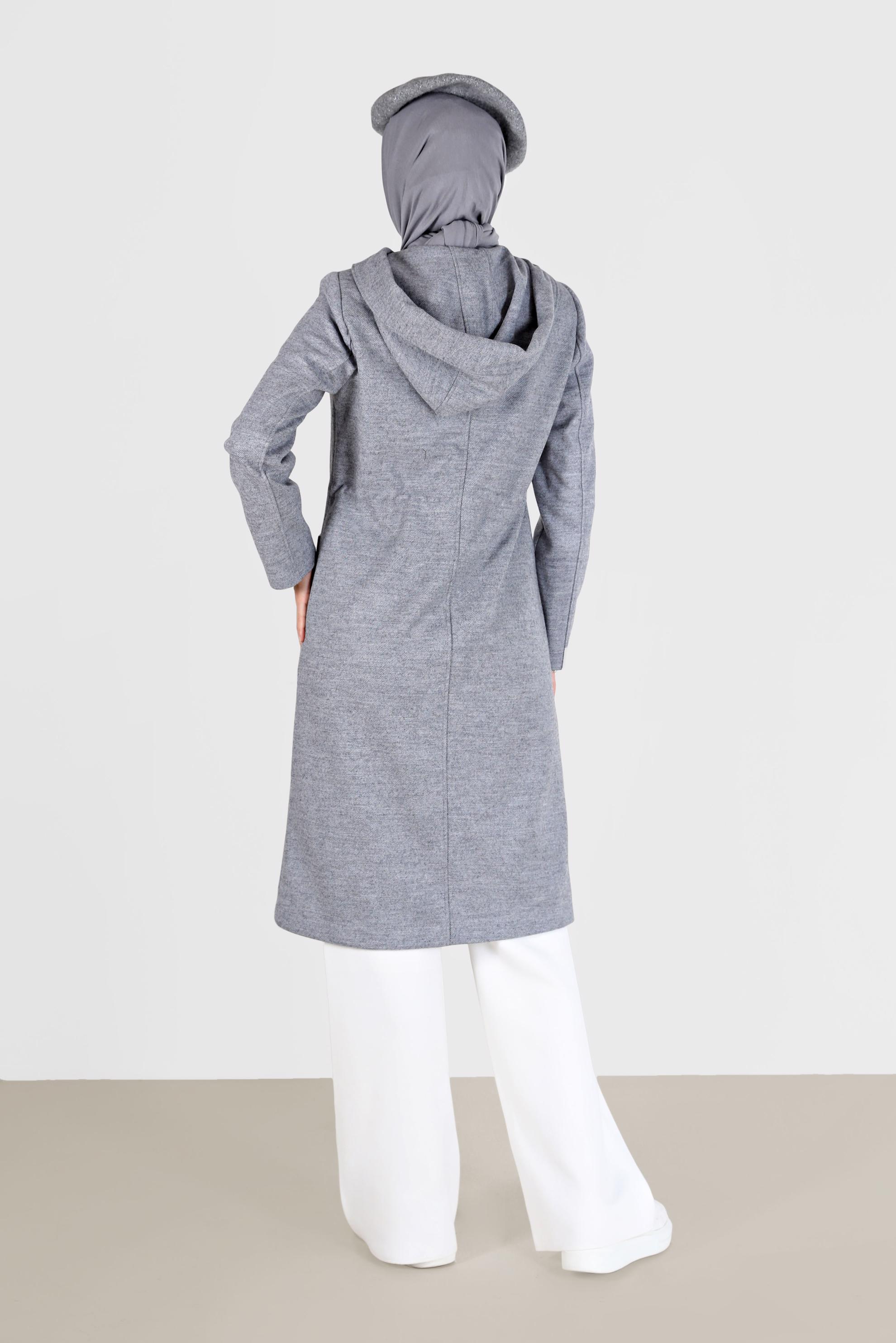 Tesettür giyim GRİ BELDEN BAĞLAMALI KAPÜŞONLU KABAN 90202 