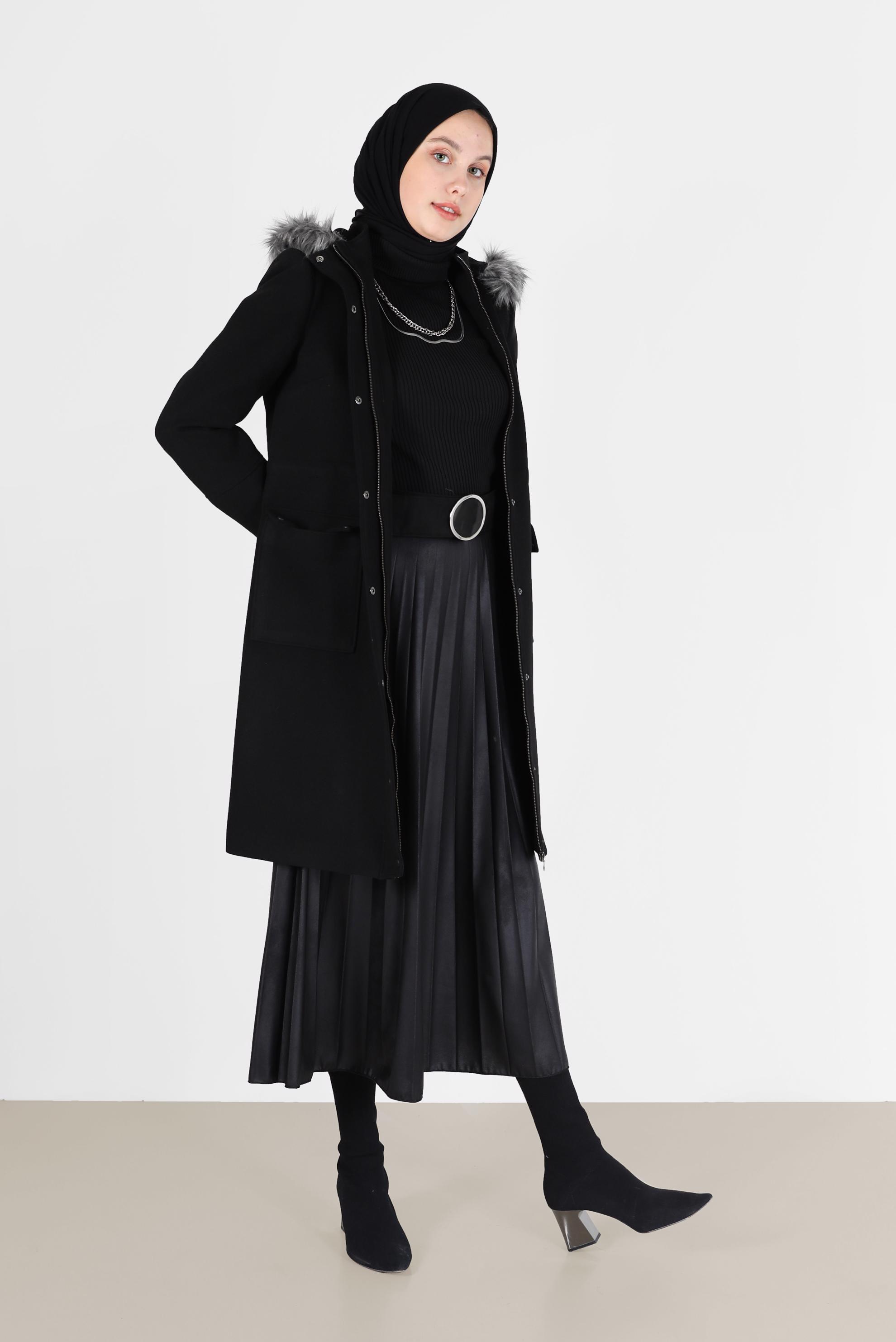Tesettür giyim SİYAH CEPLİ KAPÜŞONLU KABAN 90203 
