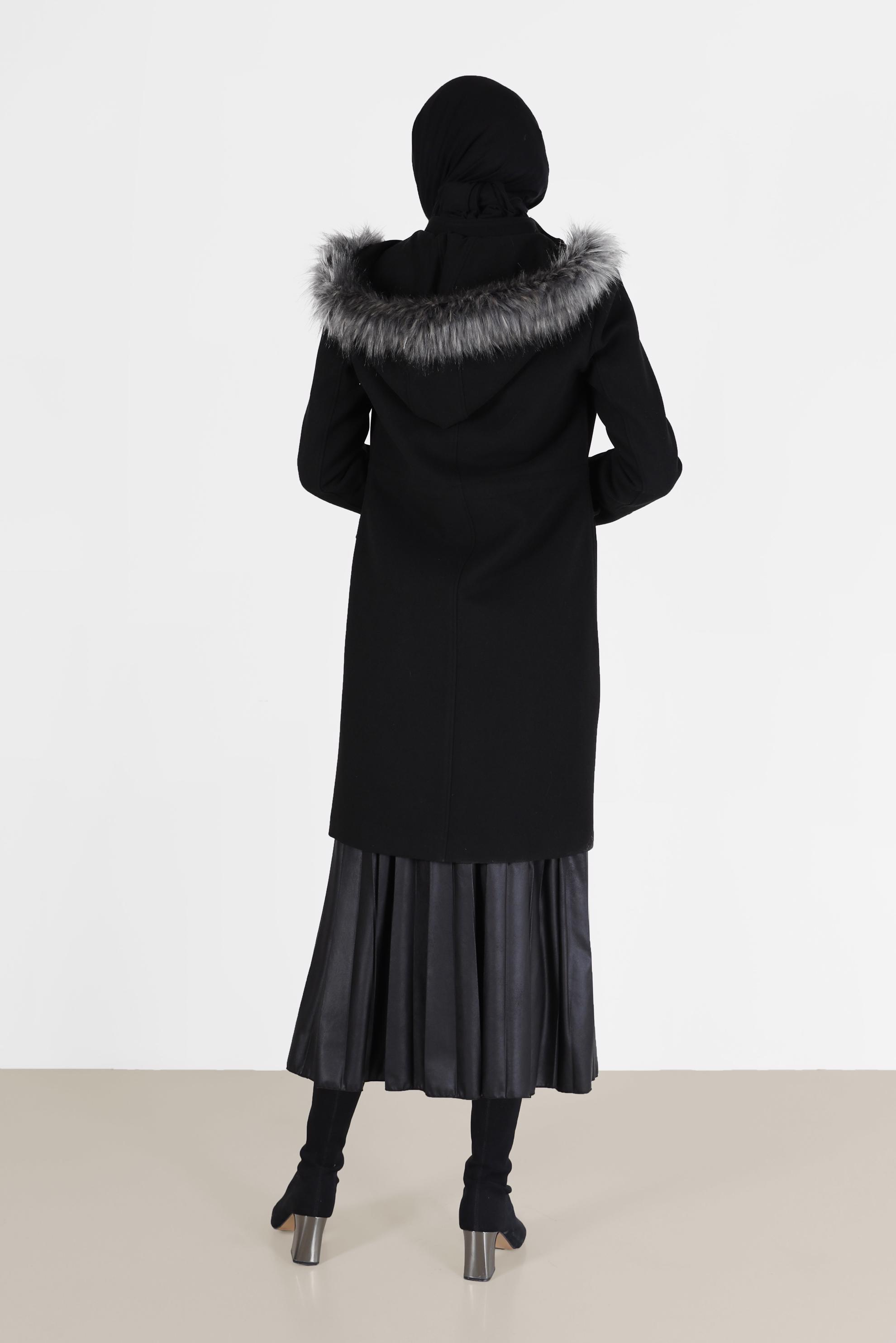 Tesettür giyim SİYAH CEPLİ KAPÜŞONLU KABAN 90203 