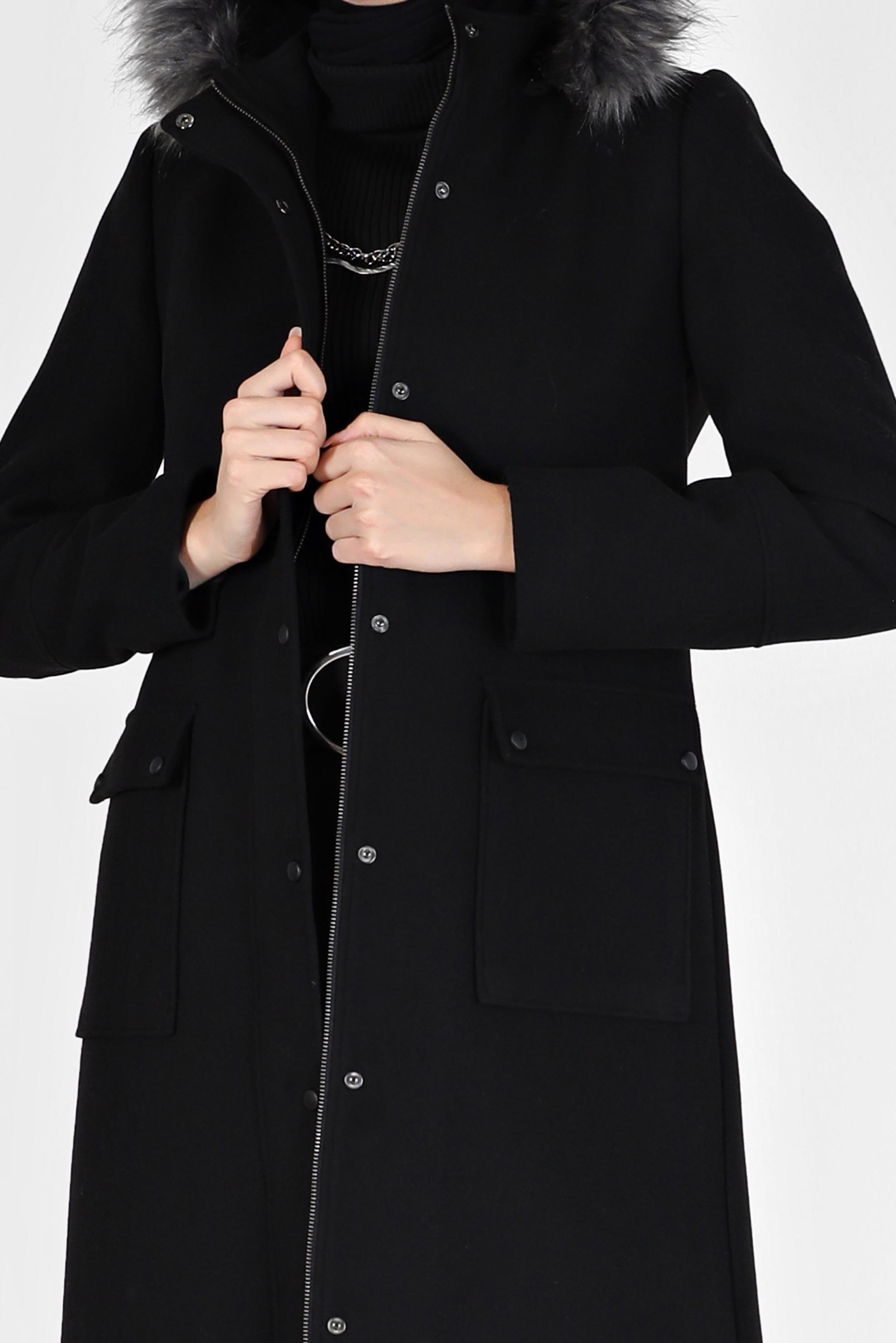 Tesettür giyim SİYAH CEPLİ KAPÜŞONLU KABAN 90203 