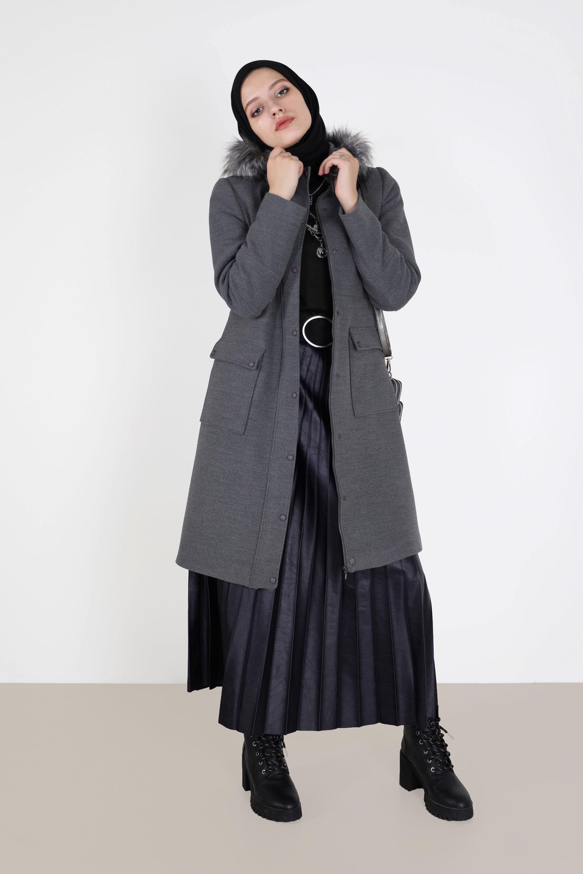 Tesettür giyim GRİ CEPLİ KAPÜŞONLU KABAN 90203 