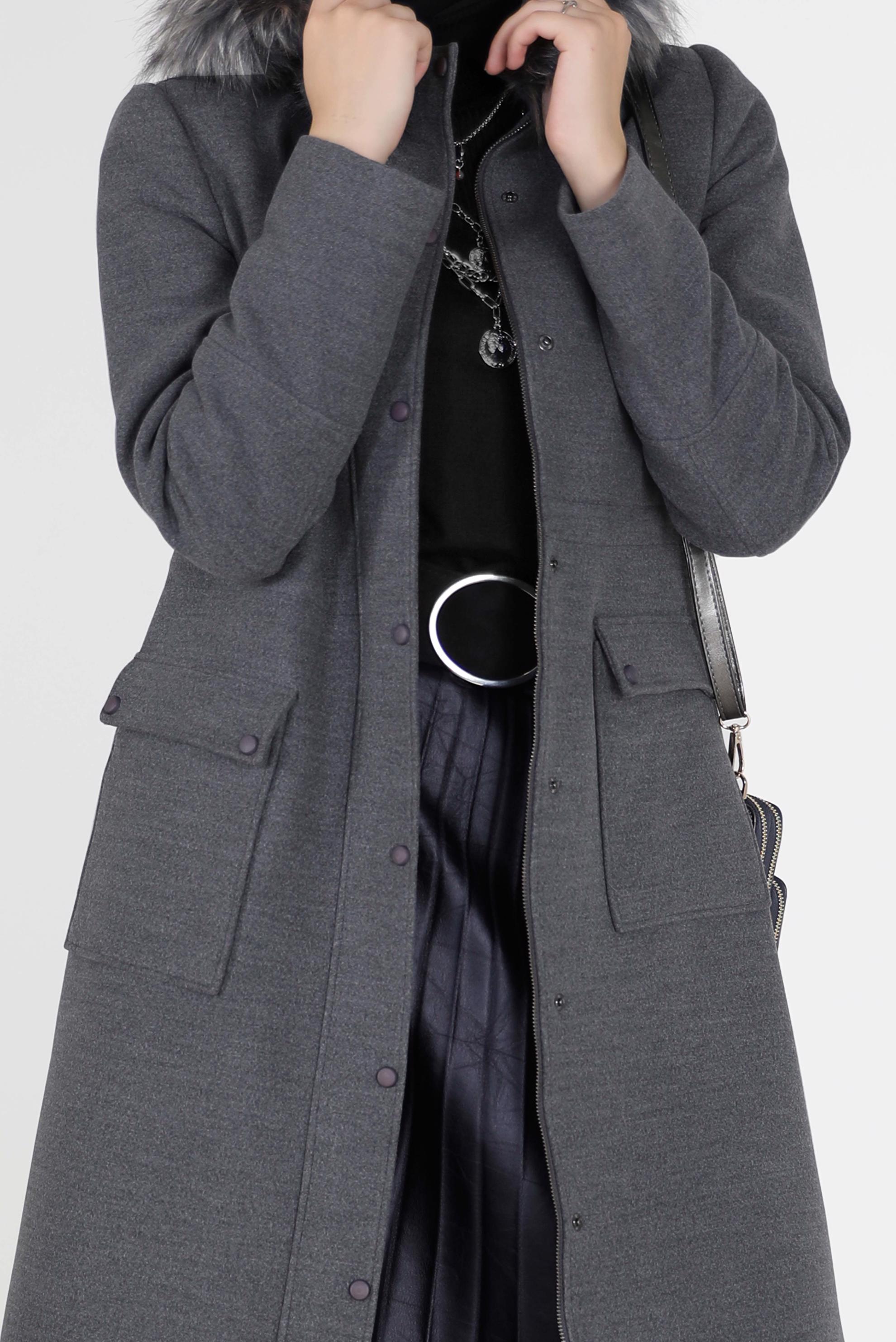 Tesettür giyim GRİ CEPLİ KAPÜŞONLU KABAN 90203 