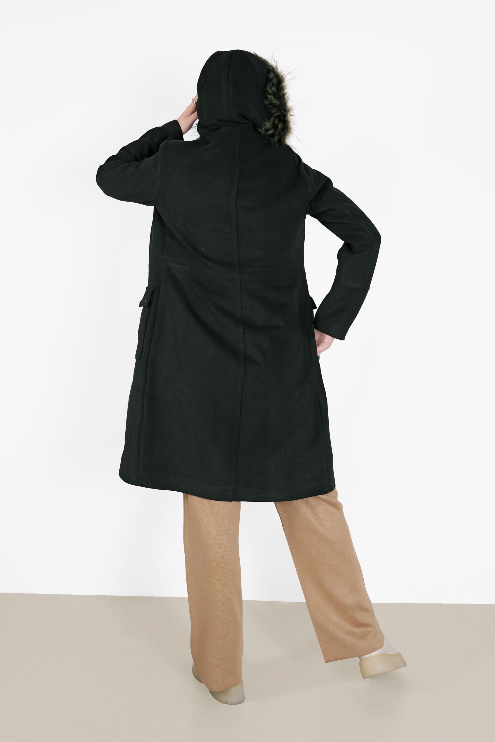 Tesettür giyim HAKİ CEPLİ KAPÜŞONLU KABAN 90203 