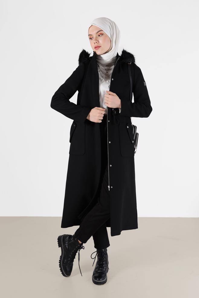 Tesettür giyim  KAPÜŞONLU BELİ BÜZGÜLÜ KABAN 90204  - ALVİNA