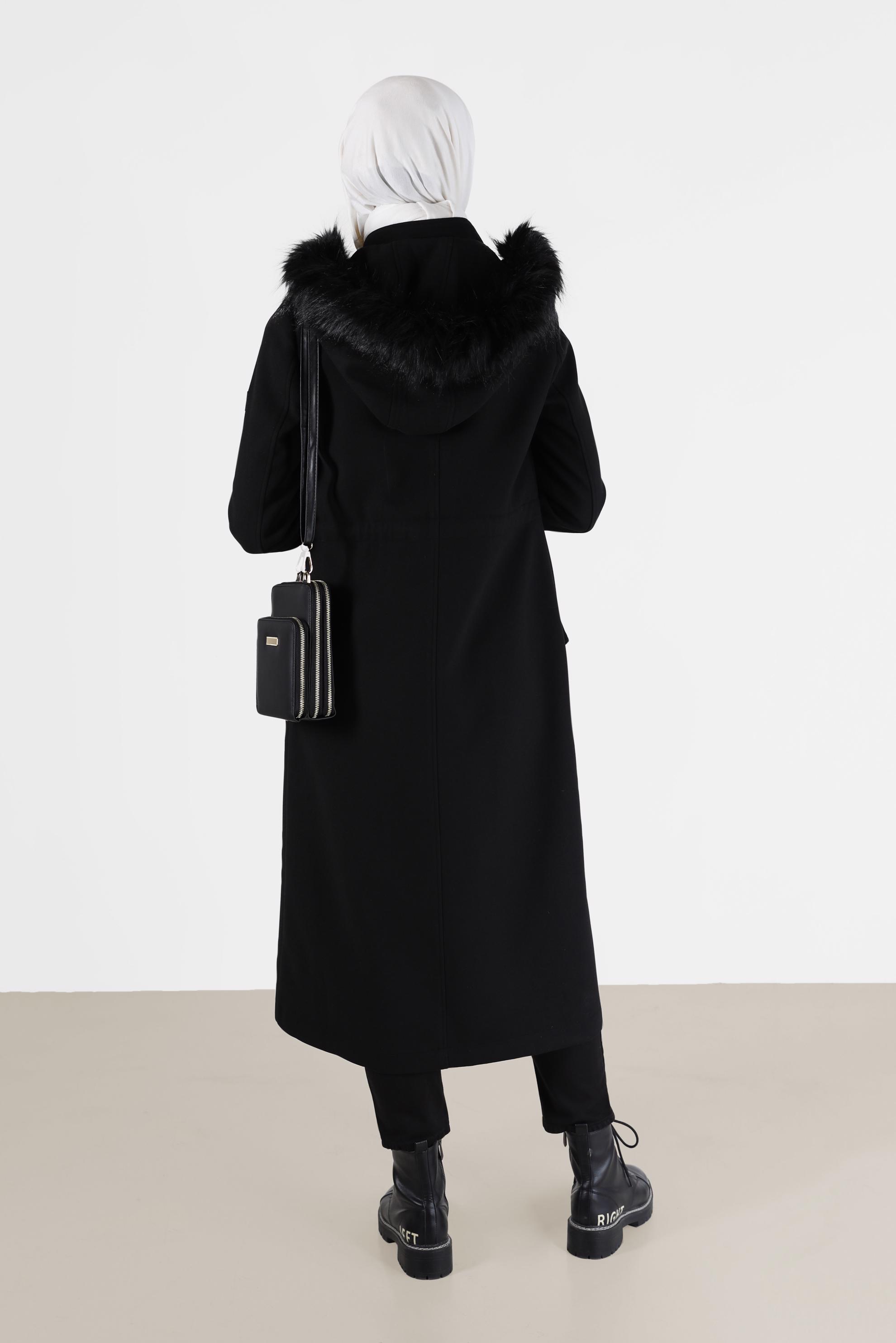 Tesettür giyim SİYAH KAPÜŞONLU BELİ BÜZGÜLÜ KABAN 90204 