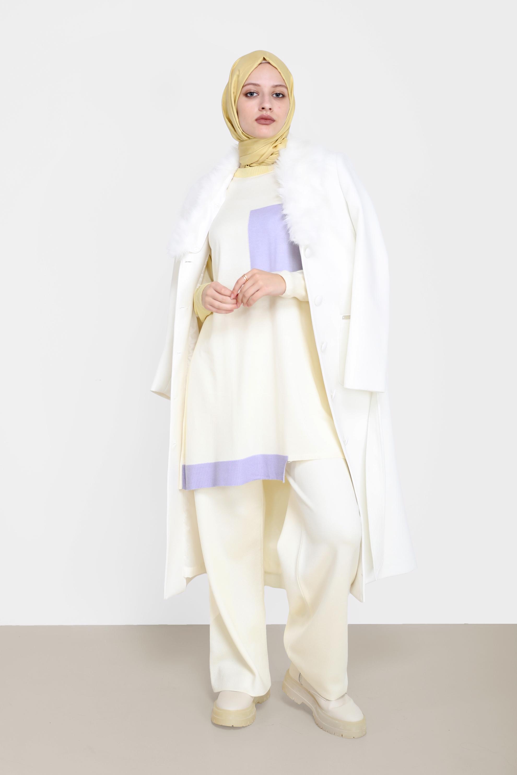 Hijab clothing WHITE FUR DETAIL BELTED COAT 90205 