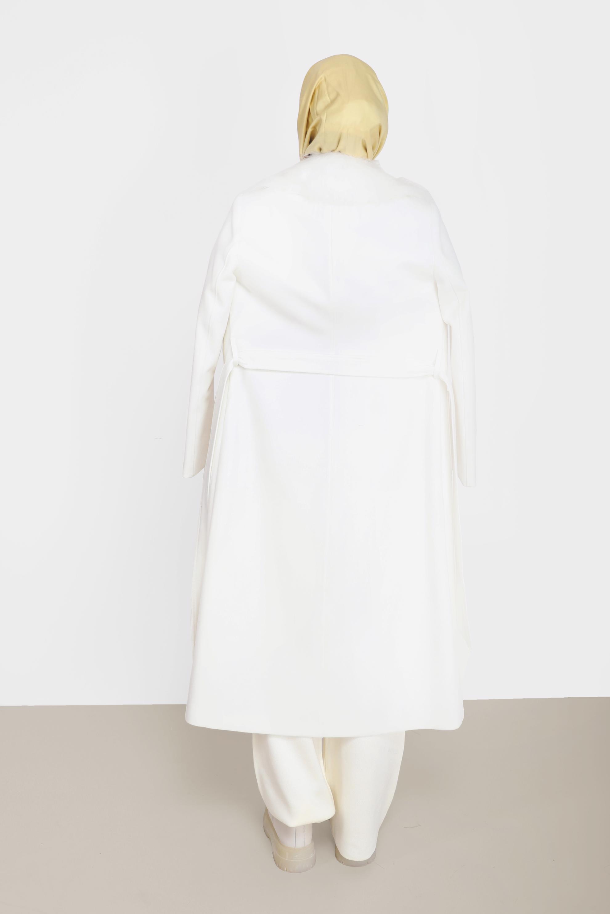 Hijab clothing WHITE FUR DETAIL BELTED COAT 90205 