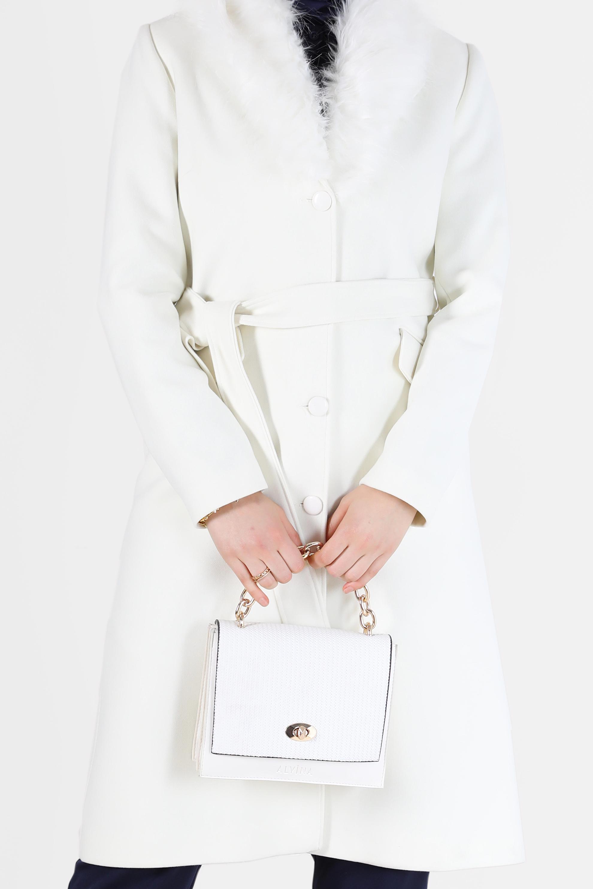 Tesettür giyim BEYAZ KÜRK DETAYLI KUŞAKLI KABAN 90206	