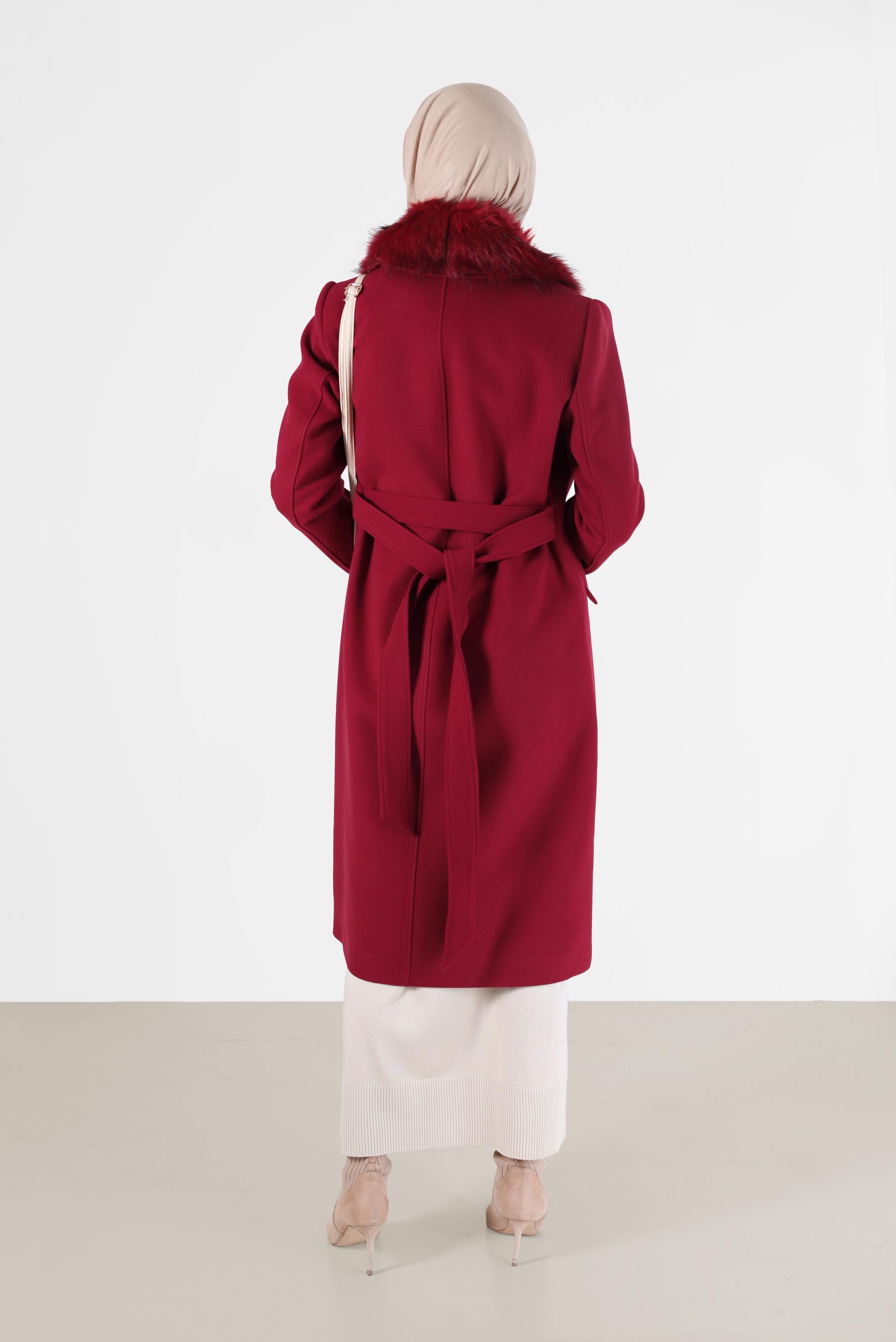 Tesettür giyim BORDO KÜRK DETAYLI KUŞAKLI KABAN 90206	