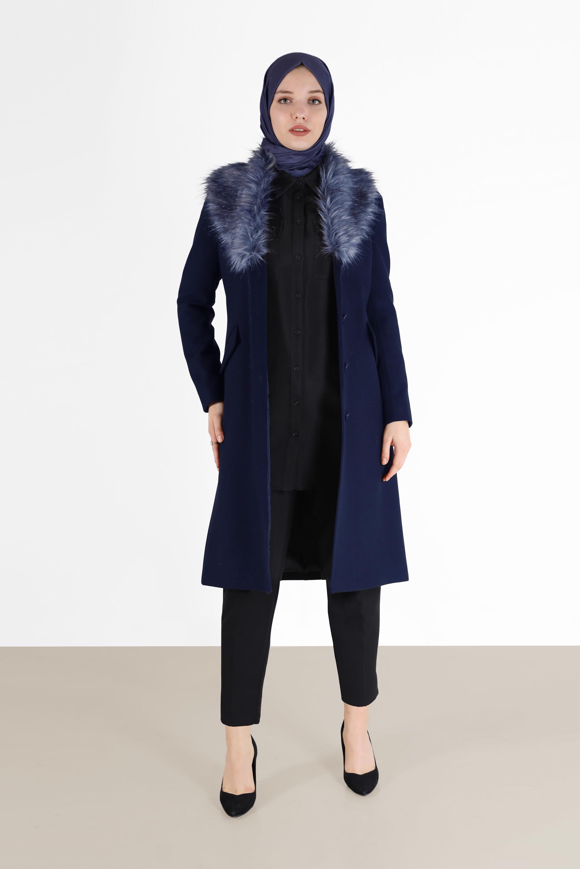 Tesettür giyim MAVİ KÜRK DETAYLI KUŞAKLI KABAN 90206	