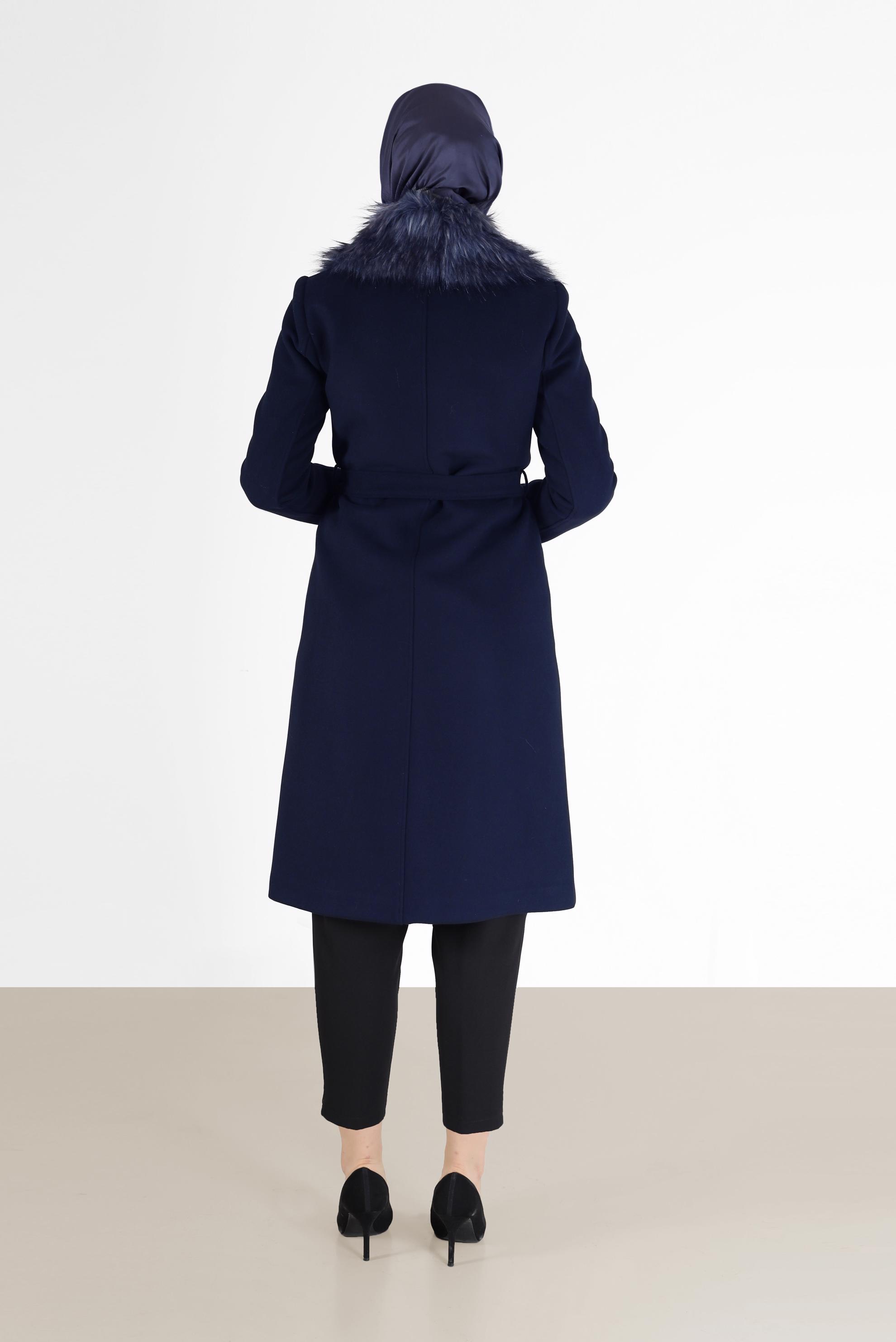 Tesettür giyim MAVİ KÜRK DETAYLI KUŞAKLI KABAN 90206	