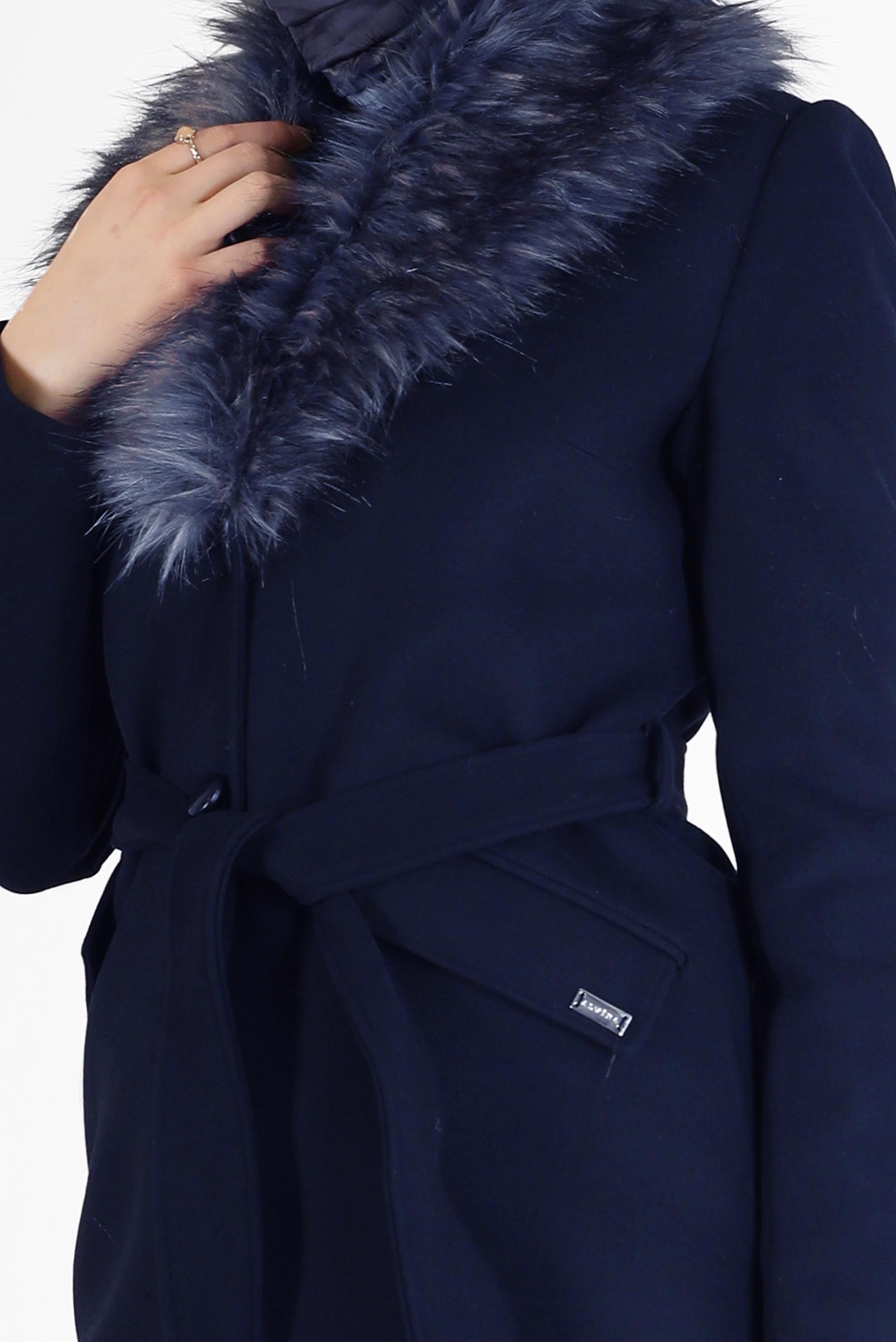 Tesettür giyim MAVİ KÜRK DETAYLI KUŞAKLI KABAN 90206	