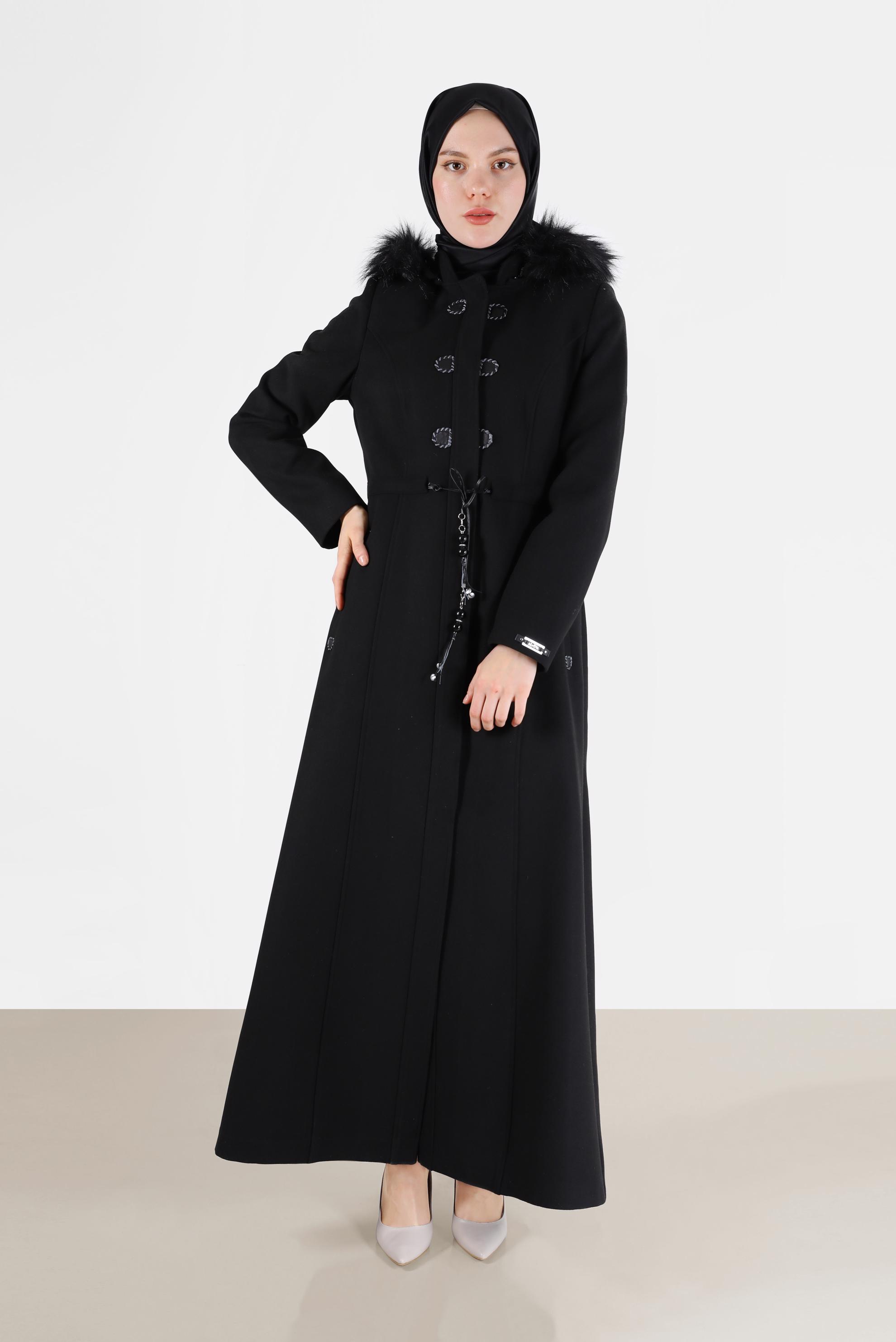 Hijab clothing BLACK FURRY HOODED SMOCKING DETAIL COAT 90216 