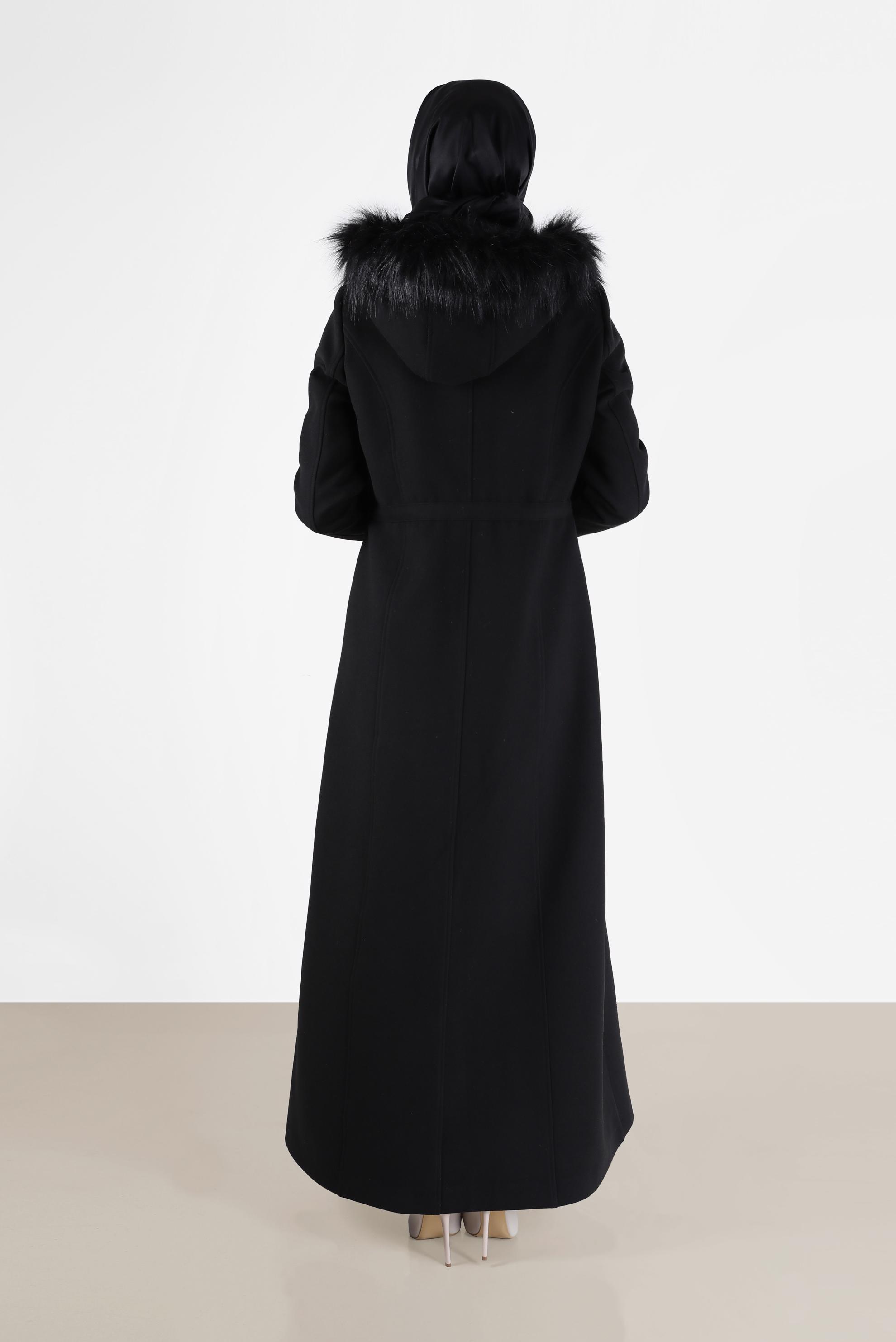 Hijab clothing BLACK FURRY HOODED SMOCKING DETAIL COAT 90216 