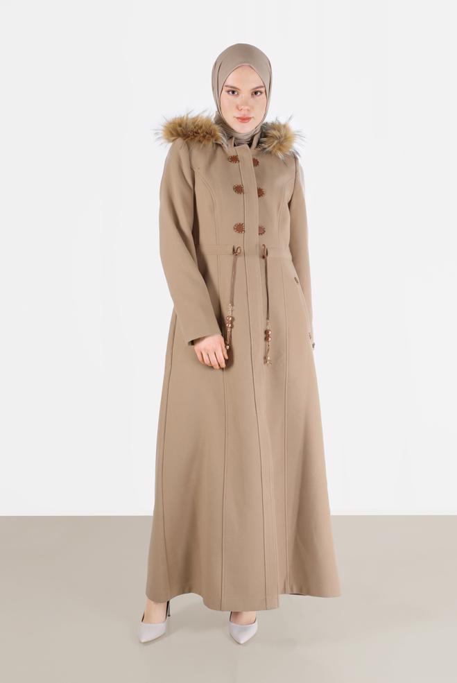 Hijab clothing BROWN FURRY HOODED SMOCKING DETAIL COAT 90216  - ALVİNA